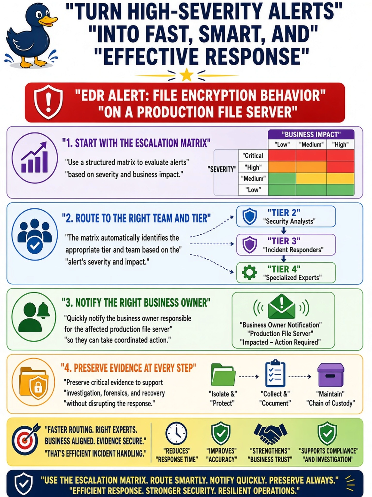 To Create an exciting colorful infographic that explains the concepts in the question: Question: A SOC analyst receives a high-severity EDR alert showing file encryption behavior on a production file server. The analyst wants to improve response efficiency. Which action best supports efficient incident handling? Correct Answer: Use the escalation matrix to route the alert by severity and business impact, notifying the appropriate tier and business owner while preserving evidence. Put EVERY visible label in double quotes. No people. No A/B/C/D letters. In one of the four corners put a little "Navy Duck".
