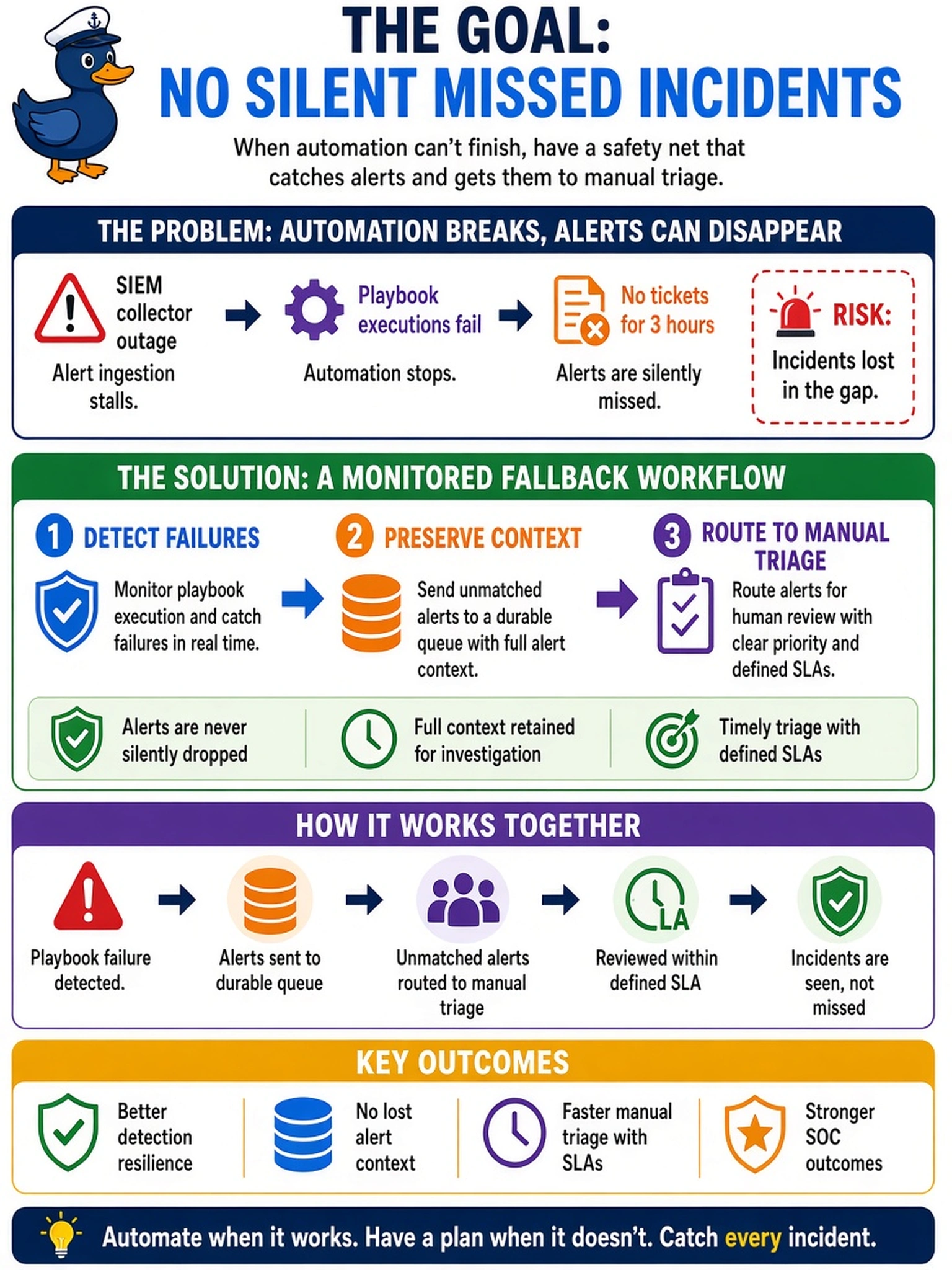To Create an exciting colorful infographic that explains the concepts in the question: Question: A SOC uses an automated playbook that enriches EDR alerts, creates tickets, and assigns severity. During a SIEM collector outage, alert ingestion stalls, playbook executions fail, and no tickets are generated for three hours. The analyst wants to ensure incidents are not silently missed when automation cannot complete. Which playbook design change is most appropriate? Correct Answer: A monitored fallback workflow that detects playbook execution failures, preserves alert context in a durable queue, and routes unmatched alerts to manual triage with defined SLAs. Put EVERY visible label in double quotes. No people. No A/B/C/D letters. In one of the four corners put a little "Navy Duck".