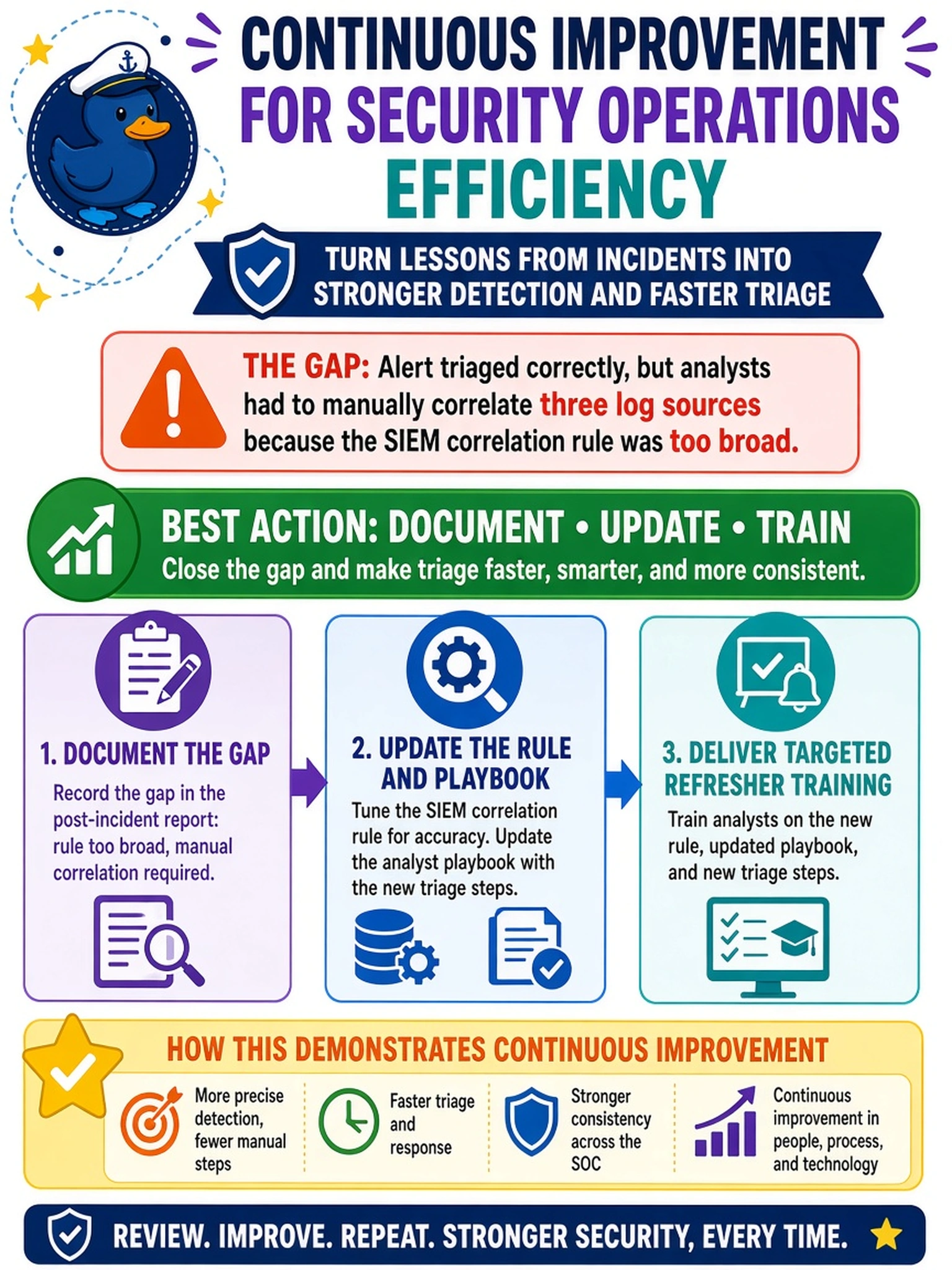 To Create an exciting colorful infographic that explains the concepts in the question: Question: During a post-incident review, your SOC finds that an alert was triaged correctly but analysts manually correlated three log sources because the SIEM correlation rule was too broad. Which action best demonstrates continuous improvement for security operations efficiency? Correct Answer: Document the gap in the post-incident report, update the SIEM correlation rule and analyst playbook, and deliver targeted refresher training on the new triage steps. Put EVERY visible label in double quotes. No people. No A/B/C/D letters. In one of the four corners put a little "Navy Duck".