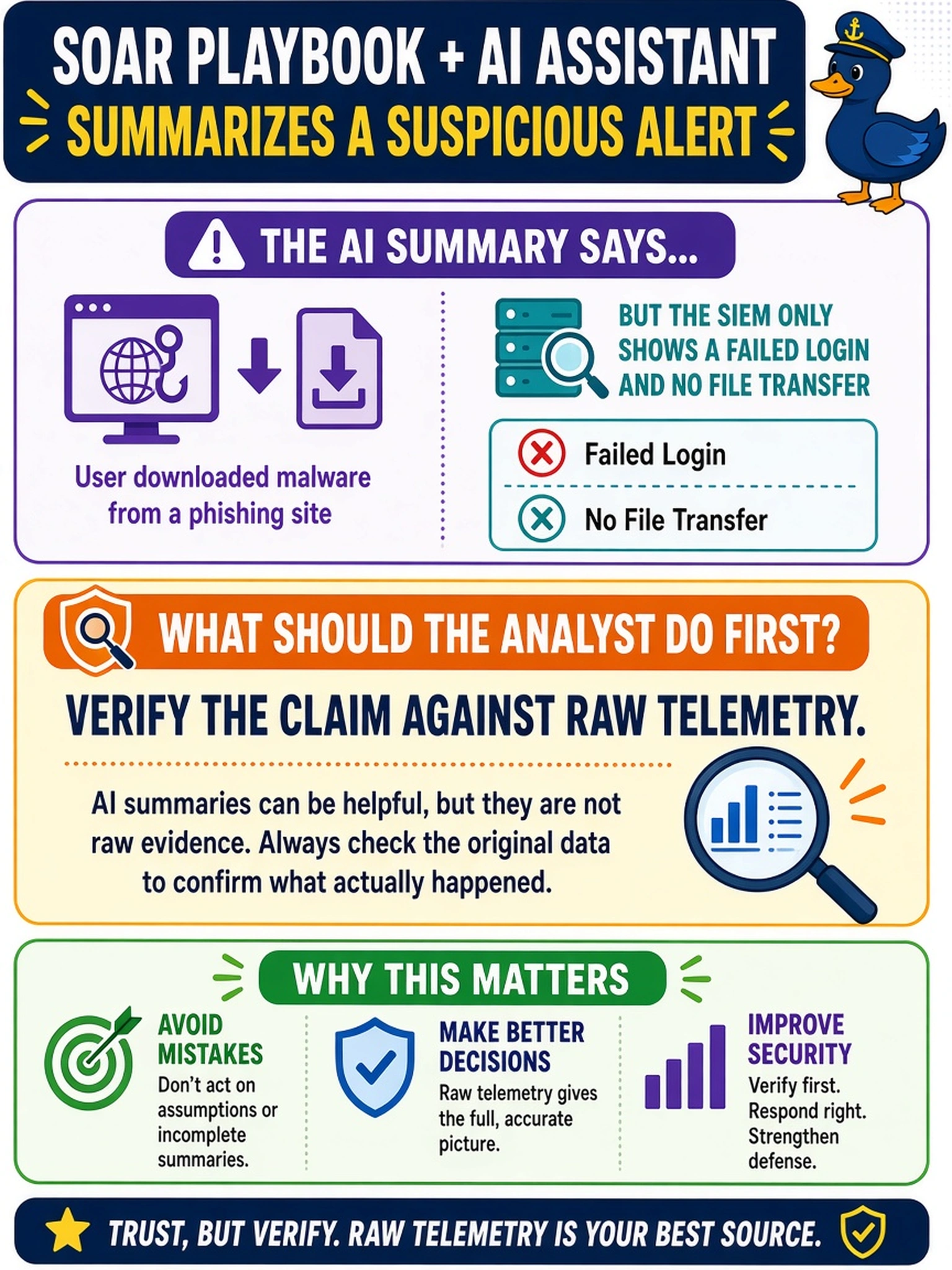 To Create an exciting colorful infographic that explains the concepts in the question: Question: A SOAR playbook uses an AI assistant to summarize a suspicious authentication alert. The summary states the user downloaded malware from a phishing site, but the SIEM only shows a failed login and no file transfer. What should the analyst do first? Correct Answer: Verify the claim against raw telemetry. Put EVERY visible label in double quotes. No people. No A/B/C/D letters. In one of the four corners put a little "Navy Duck".