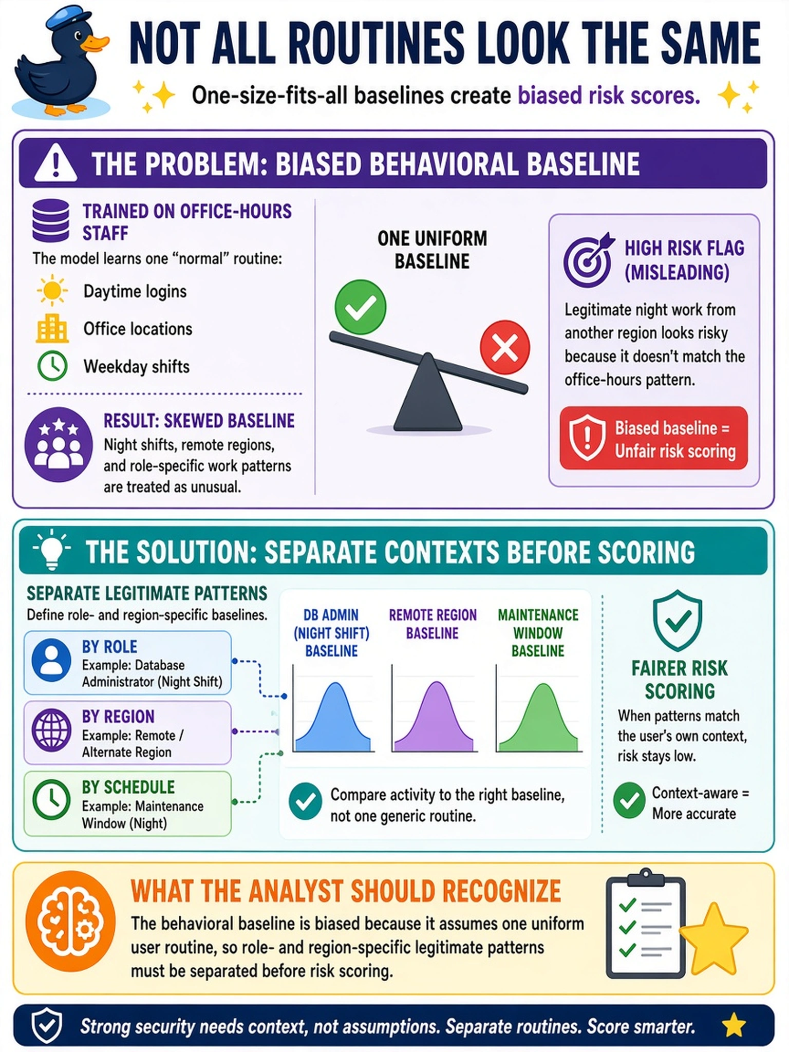 To Create an exciting colorful infographic that explains the concepts in the question: Question: Your SOC's UEBA tool flags a night-shift database administrator as high risk after logging in from another region during a scheduled maintenance window. The model's training data came mostly from office-hours staff. What should the analyst recognize? Correct Answer: The behavioral baseline is biased because it assumes one uniform user routine, so role- and region-specific legitimate patterns must be separated before risk scoring. Put EVERY visible label in double quotes. No people. No A/B/C/D letters. In one of the four corners put a little "Navy Duck".