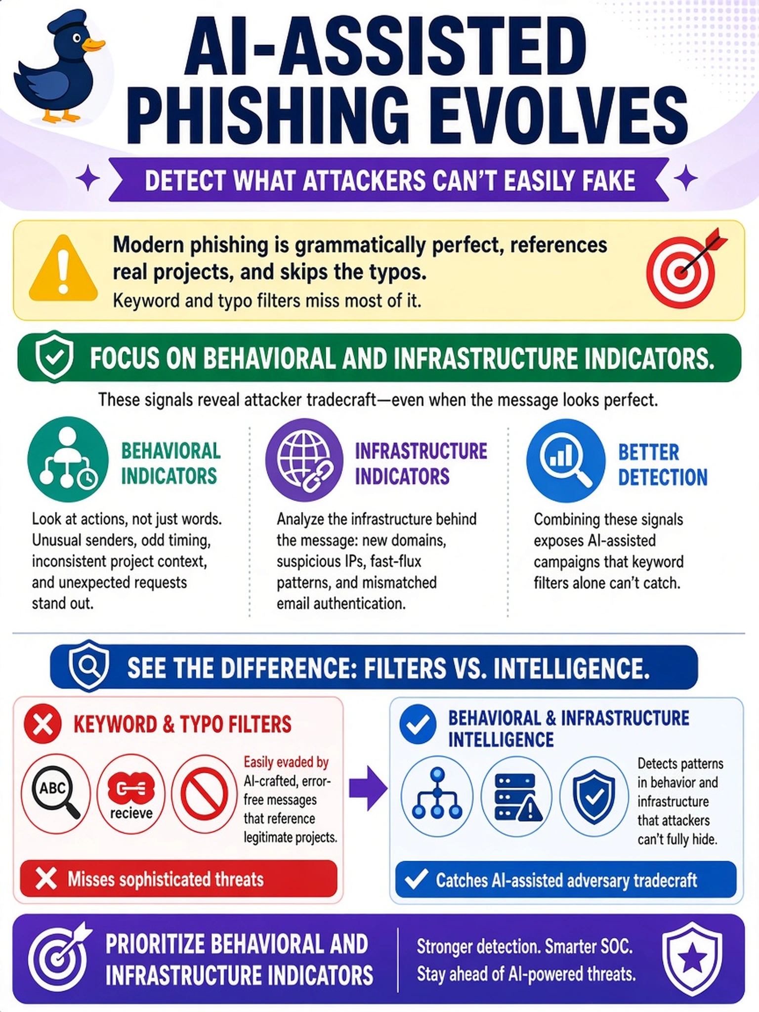 To Create an exciting colorful infographic that explains the concepts in the question: Question: An enterprise SOC sees a phishing campaign where messages are grammatically perfect, reference legitimate business projects, and omit typical spelling errors. The team’s keyword and typo-based filters miss most messages. Which detection adjustment best addresses AI-assisted adversary tradecraft? Correct Answer: Prioritize behavioral and infrastructure indicators. Put EVERY visible label in double quotes. No people. No A/B/C/D letters. In one of the four corners put a little "Navy Duck".