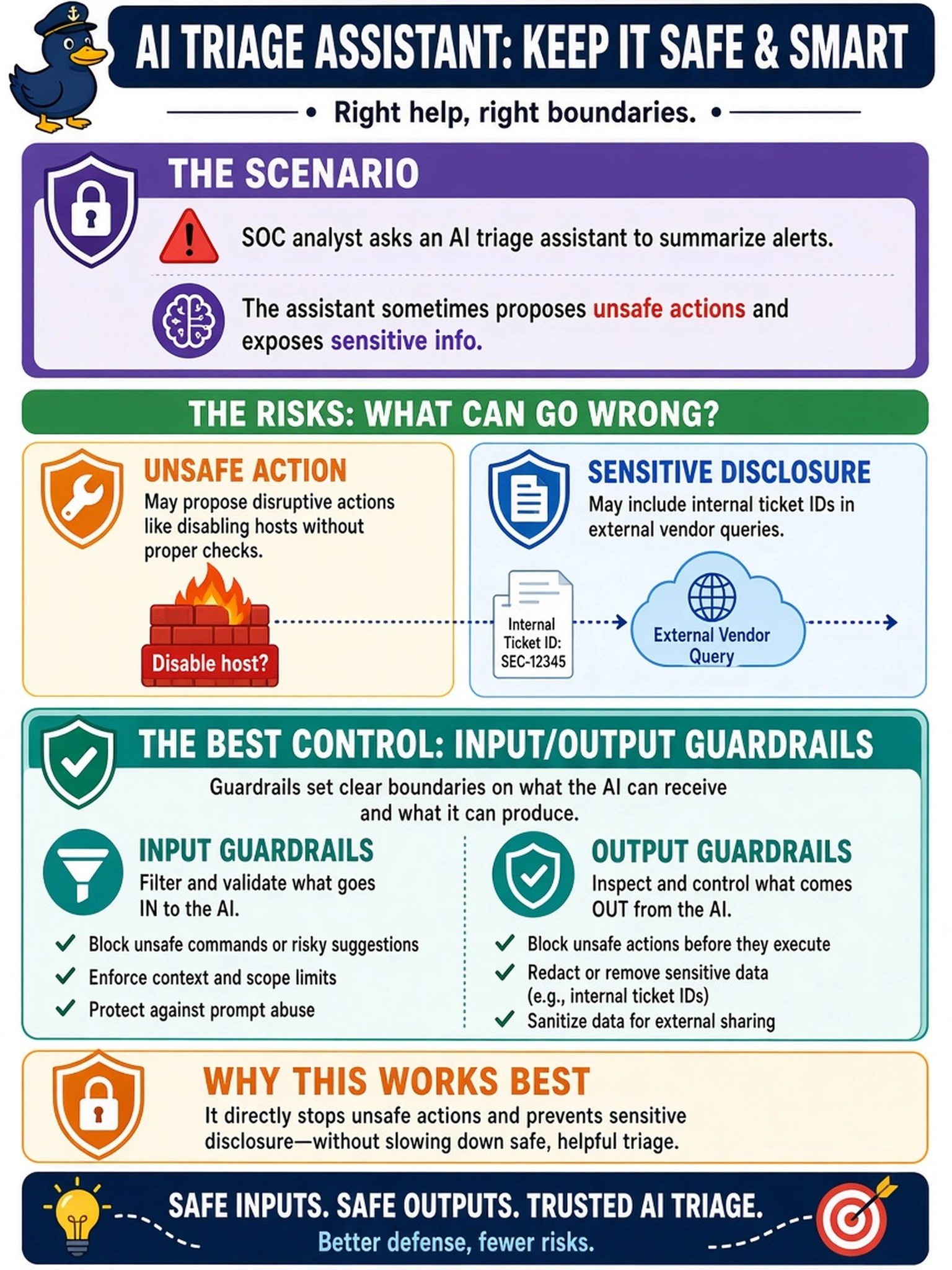 To Create an exciting colorful infographic that explains the concepts in the question: Question: A SOC analyst asks an AI triage assistant to summarize alerts. The assistant sometimes proposes disabling hosts and includes internal ticket IDs in external vendor queries. Which control best constrains this AI security tool from unsafe actions and sensitive disclosure? Correct Answer: Input/output guardrails Put EVERY visible label in double quotes. No people. No A/B/C/D letters. In one of the four corners put a little "Navy Duck".