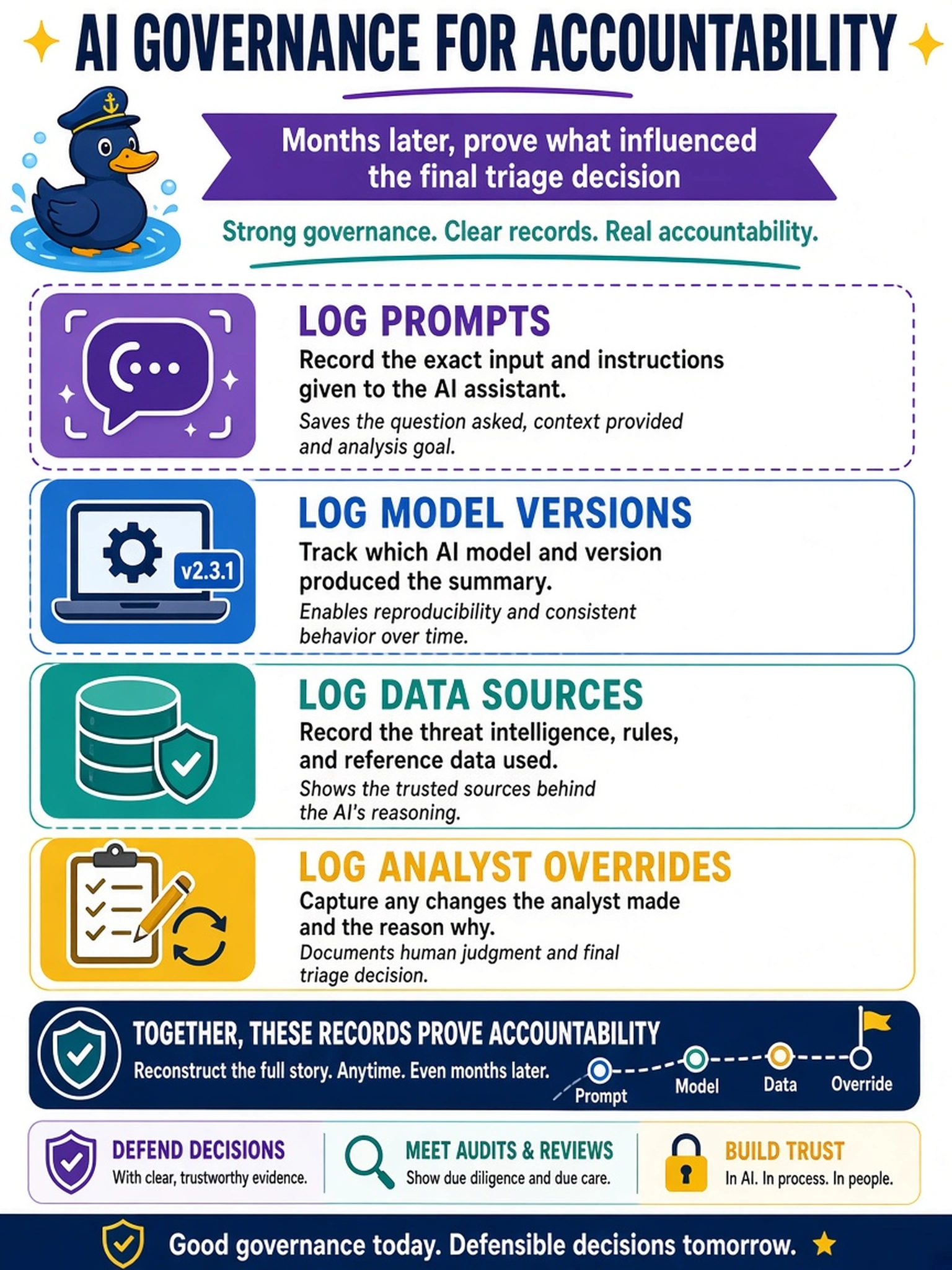 To Create an exciting colorful infographic that explains the concepts in the question: Question: Your SOC analyst uses an AI assistant to summarize phishing email alerts. Management asks how you can prove, months later, what influenced the final triage decision. Which AI governance practice best supports accountability? Correct Answer: Log prompts, model versions, data sources, and analyst overrides Put EVERY visible label in double quotes. No people. No A/B/C/D letters. In one of the four corners put a little "Navy Duck".