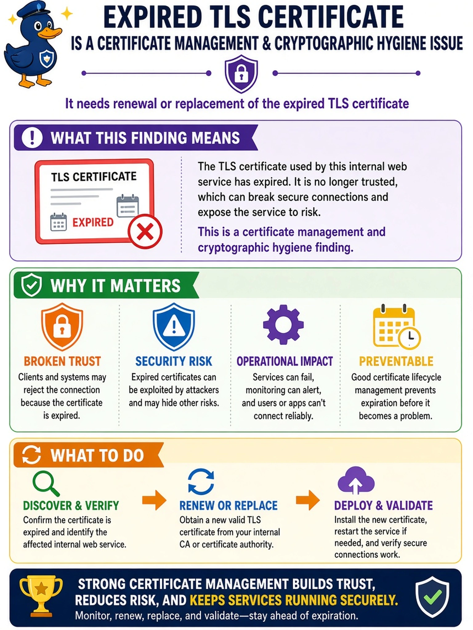 To Create an exciting colorful infographic that explains the concepts in the question: Question: A vulnerability scanner reports that an internal web service is using an expired TLS certificate. Which classification best describes the finding? Correct Answer: A certificate management and cryptographic hygiene finding requiring renewal or replacement of the expired TLS certificate Put EVERY visible label in double quotes. No people. No A/B/C/D letters. In one of the four corners put a little "Navy Duck".
