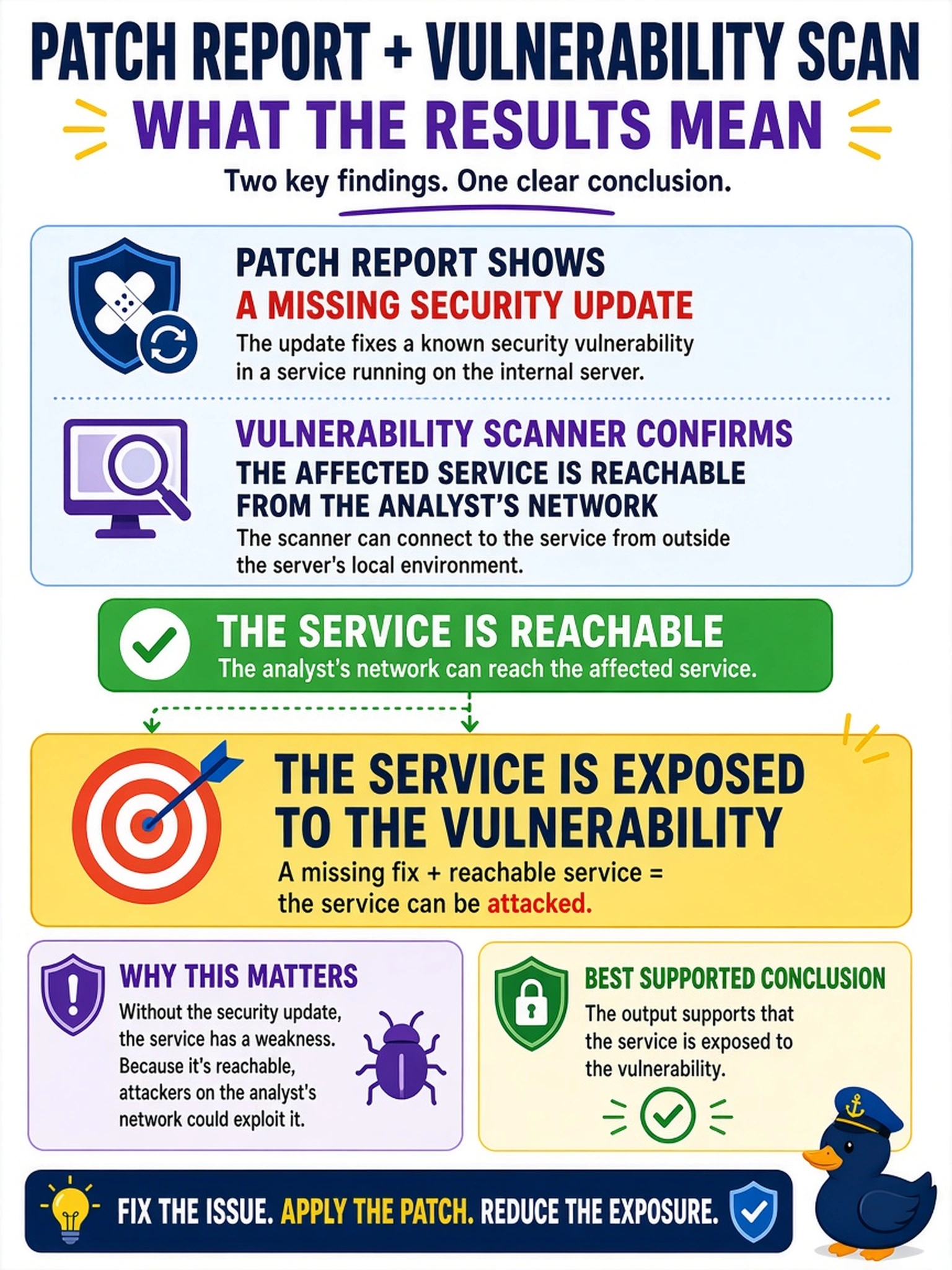 To Create an exciting colorful infographic that explains the concepts in the question: Question: A patch report shows a missing security update on an internal server. The vulnerability scanner also confirms the affected service is reachable from the analyst's network. Which conclusion is best supported by the output? Correct Answer: The service is exposed to the vulnerability. Put EVERY visible label in double quotes. No people. No A/B/C/D letters. In one of the four corners put a little "Navy Duck".