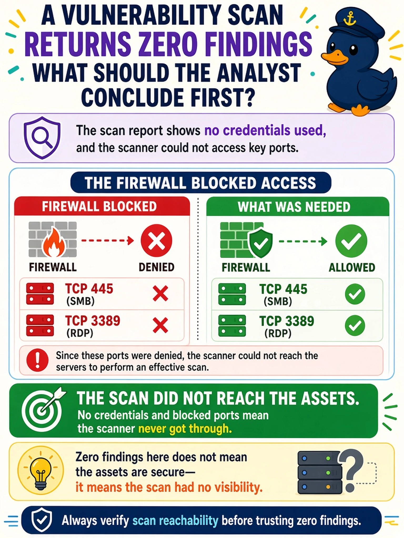 To Create an exciting colorful infographic that explains the concepts in the question: Question: A vulnerability scan of a server subnet returns zero findings. The scan report shows no credentials used, and firewall logs show the scanner's IP was denied to TCP 445 and 3389. What should the analyst conclude first? Correct Answer: The scan did not reach the assets. Put EVERY visible label in double quotes. No people. No A/B/C/D letters. In one of the four corners put a little "Navy Duck".