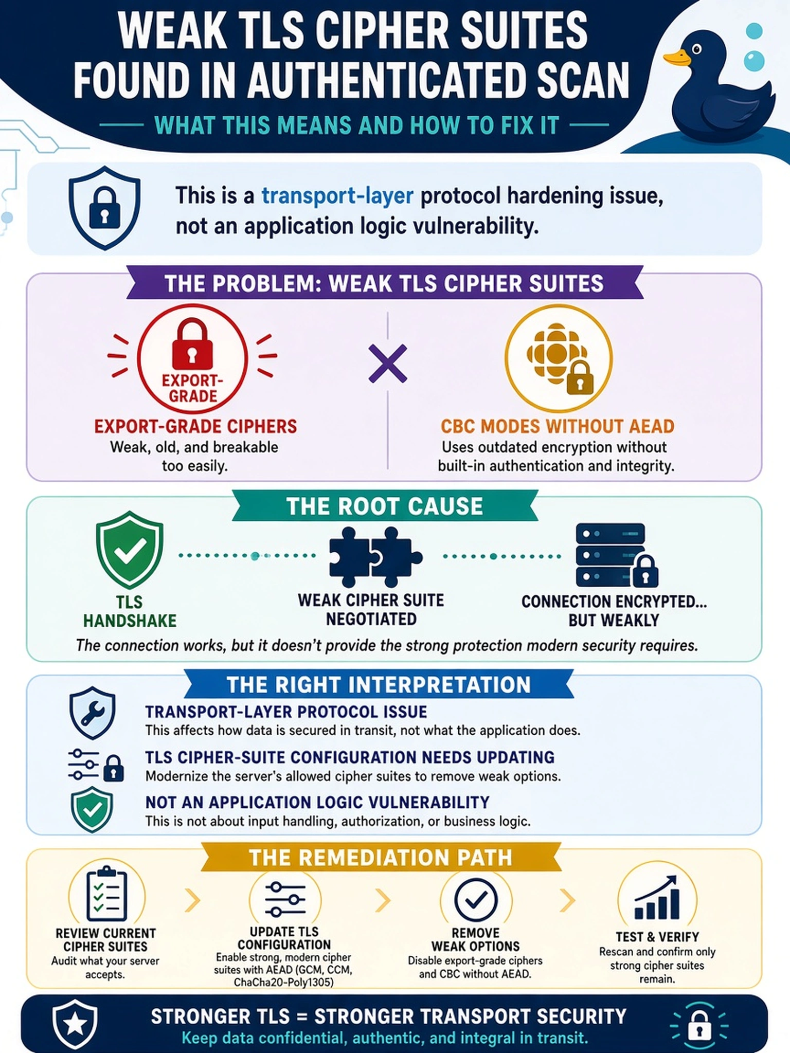 To Create an exciting colorful infographic that explains the concepts in the question: Question: An authenticated web-server scan flags several weak TLS cipher suites, including export-grade and CBC modes without AEAD. The analyst must classify the finding for remediation. How should the finding be interpreted? Correct Answer: A transport-layer protocol hardening issue that requires updating TLS cipher-suite configuration, not an application logic vulnerability. Put EVERY visible label in double quotes. No people. No A/B/C/D letters. In one of the four corners put a little "Navy Duck".