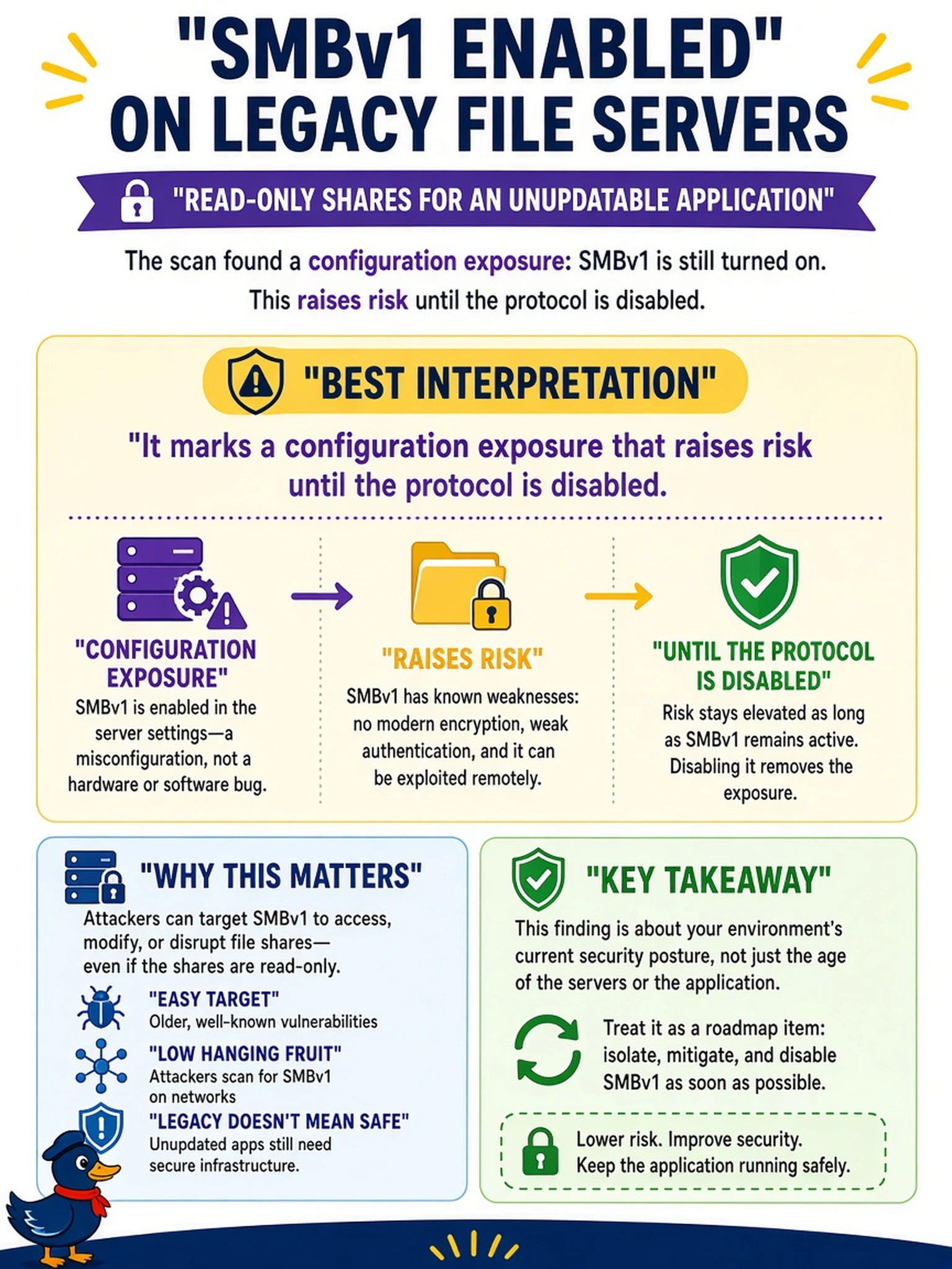 To Create an exciting colorful infographic that explains the concepts in the question: Question: A vulnerability scan returns a finding on legacy file servers: 'SMBv1 enabled.' The servers still host read-only shares for an application that cannot be updated. Which interpretation best describes the risk indicated by this finding? Correct Answer: It marks a configuration exposure that raises risk until the protocol is disabled. Put EVERY visible label in double quotes. No people. No A/B/C/D letters. In one of the four corners put a little "Navy Duck".