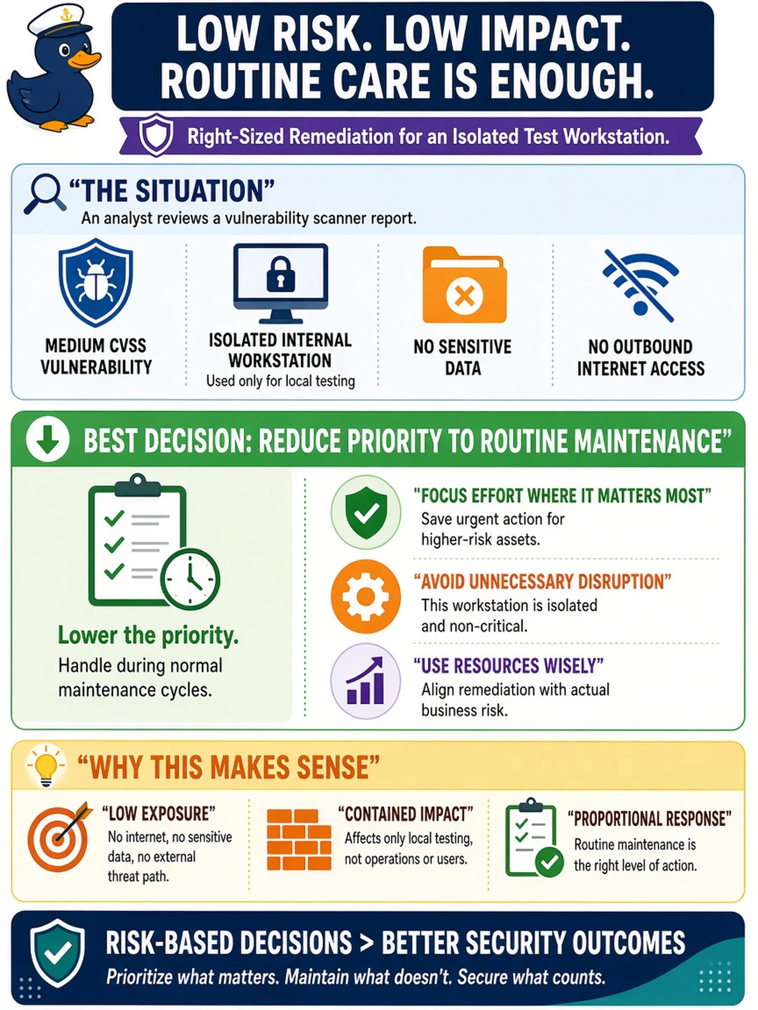 To Create an exciting colorful infographic that explains the concepts in the question: Question: An analyst reviews a vulnerability scanner report. A medium CVSS vulnerability affects an isolated internal workstation used only for local testing, with no sensitive data and no outbound internet access. Which remediation decision is best? Correct Answer: Reduce priority to routine maintenance. Put EVERY visible label in double quotes. No people. No A/B/C/D letters. In one of the four corners put a little "Navy Duck".