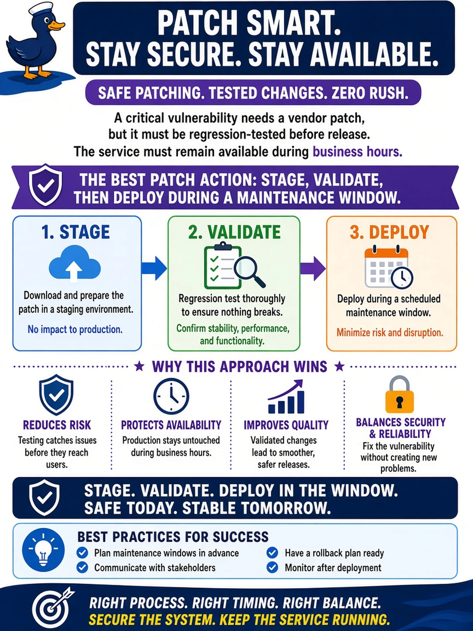 To Create an exciting colorful infographic that explains the concepts in the question: Question: A critical vulnerability on a production web server has a vendor patch, but the change must be regression-tested before release. The service must remain available during business hours. Which patch action best balances risk reduction with availability? Correct Answer: Stage, validate, then deploy during a maintenance window. Put EVERY visible label in double quotes. No people. No A/B/C/D letters. In one of the four corners put a little "Navy Duck".