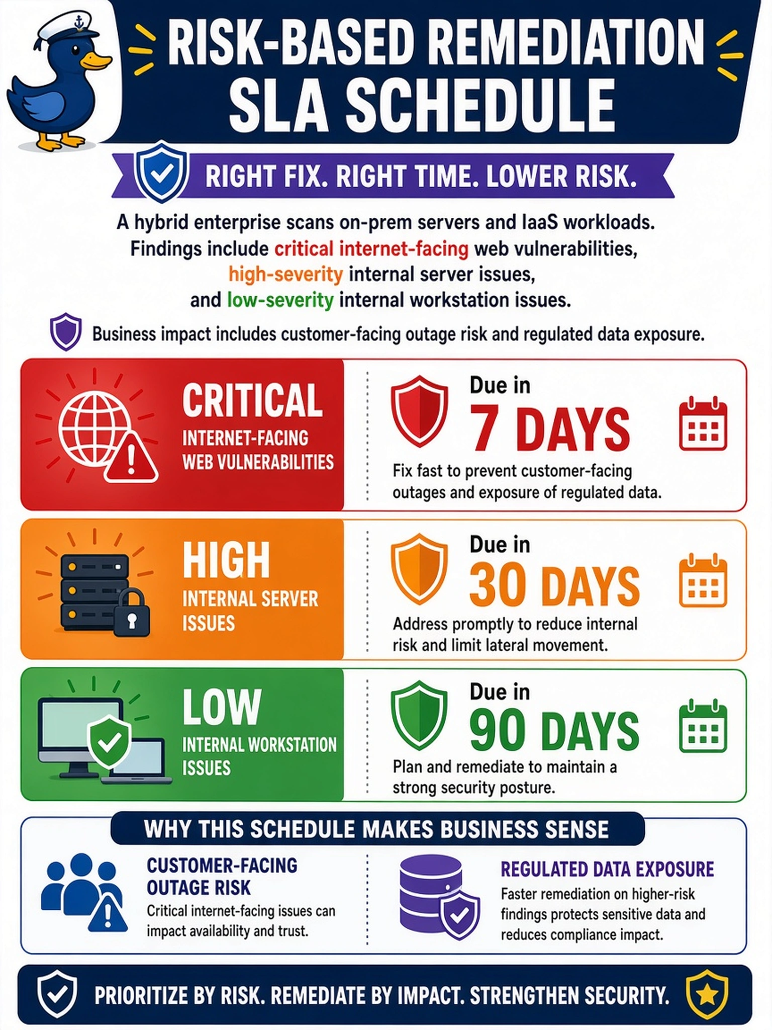 To Create an exciting colorful infographic that explains the concepts in the question: Question: A hybrid enterprise scans on-prem servers and IaaS workloads. Findings include critical internet-facing web vulnerabilities, high-severity internal server issues, and low-severity internal workstation issues. Business impact includes customer-facing outage risk and regulated data exposure. Which remediation SLA schedule best assigns due dates based on risk tier and business impact? Correct Answer: Critical internet-facing: 7 days; high internal: 30 days; low internal: 90 days. Put EVERY visible label in double quotes. No people. No A/B/C/D letters. In one of the four corners put a little "Navy Duck".