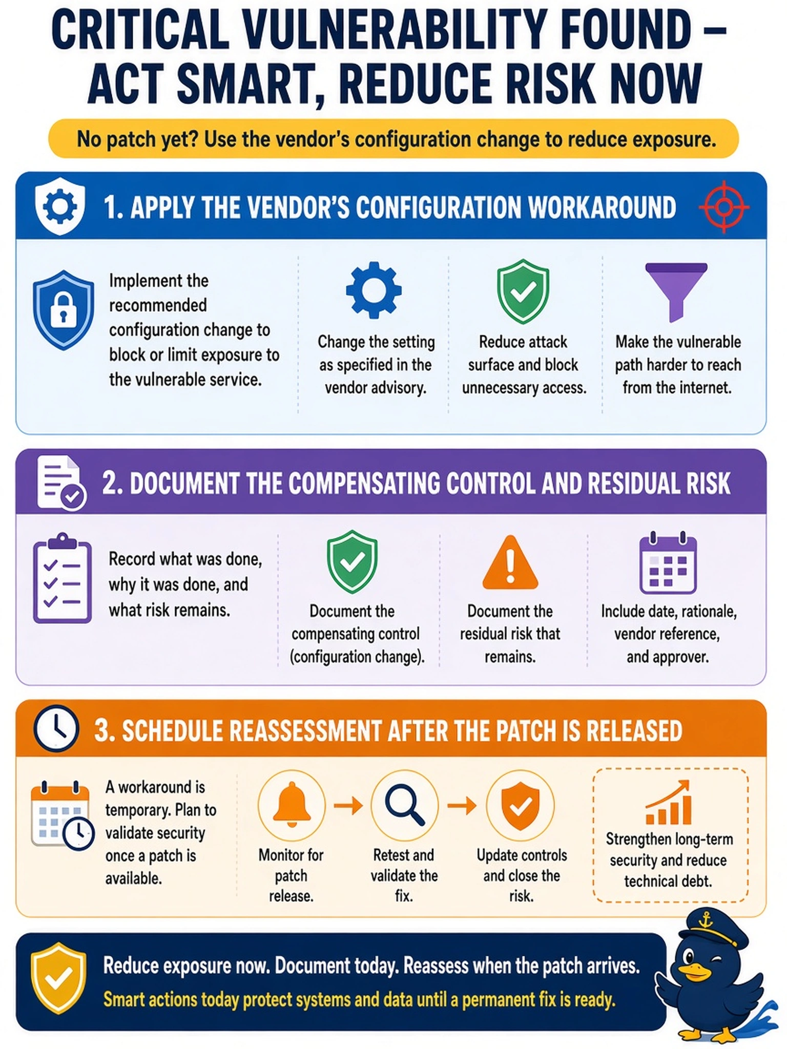 To Create an exciting colorful infographic that explains the concepts in the question: Question: An analyst finds a critical vulnerability in an internet-facing service. The vendor has not released a patch, but the vendor advisory lists a configuration change that reduces exposure. What should the vulnerability management team do first? Correct Answer: Apply the vendor's configuration workaround to reduce exposure, document the compensating control and residual risk, and schedule reassessment after the patch is released. Put EVERY visible label in double quotes. No people. No A/B/C/D letters. In one of the four corners put a little "Navy Duck".