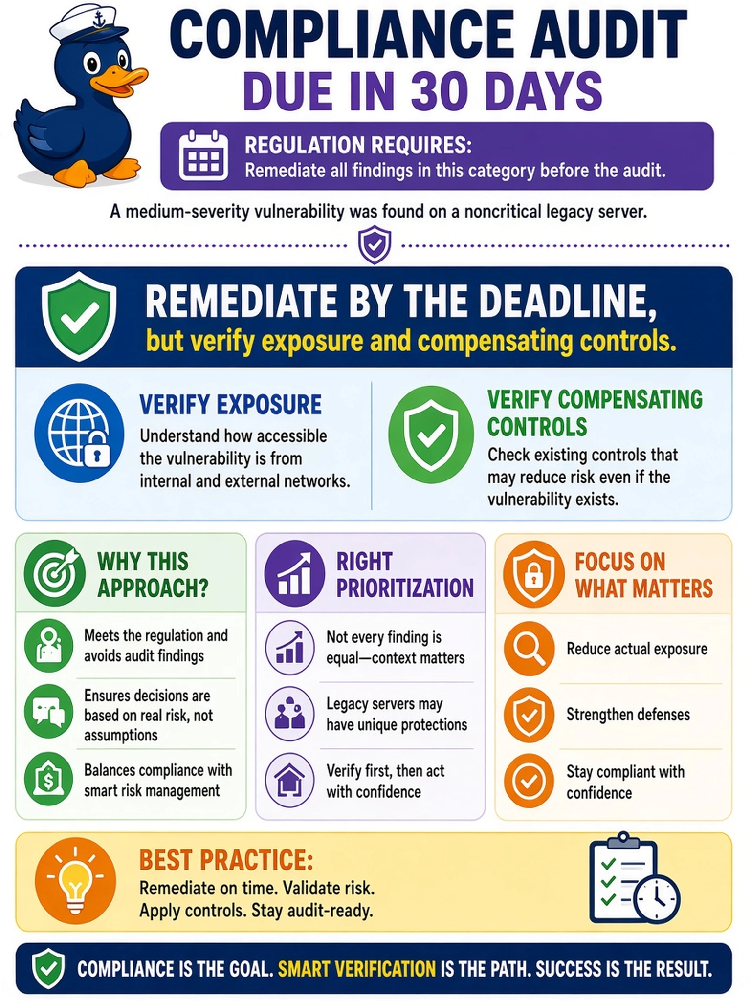 To Create an exciting colorful infographic that explains the concepts in the question: Question: A compliance audit is due in 30 days. A medium-severity vulnerability is found on a noncritical legacy server. The regulation requires remediation of all findings in this category before the audit. Which prioritization approach is most appropriate? Correct Answer: Remediate by the deadline, but verify exposure and compensating controls. Put EVERY visible label in double quotes. No people. No A/B/C/D letters. In one of the four corners put a little "Navy Duck".