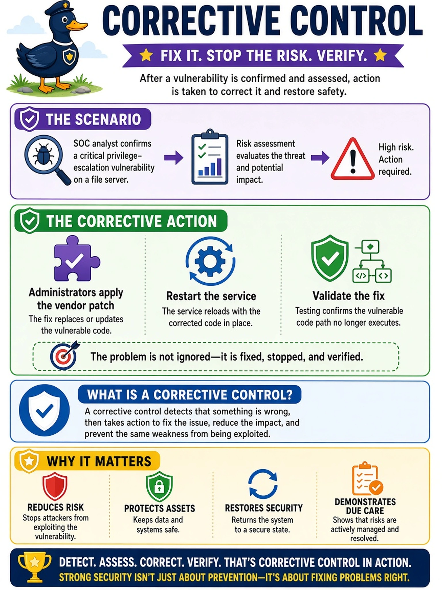 To Create an exciting colorful infographic that explains the concepts in the question: Question: A SOC analyst confirms a critical privilege-escalation vulnerability on a file server. After a risk assessment, administrators apply the vendor patch, restart the service, and validate that the vulnerable code path no longer executes. Which control type best describes this action? Correct Answer: Corrective control Put EVERY visible label in double quotes. No people. No A/B/C/D letters. In one of the four corners put a little "Navy Duck".