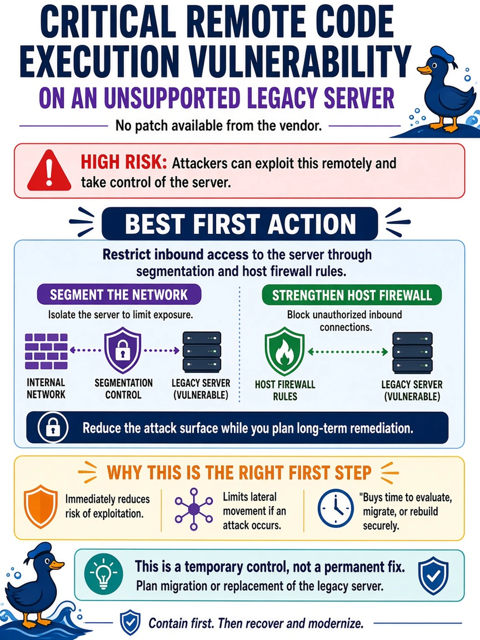 To Create an exciting colorful infographic that explains the concepts in the question: Question: A critical remote code execution vulnerability is found on an unsupported legacy server, and the vendor cannot provide a patch. Which action should the analyst recommend first? Correct Answer: Restrict inbound access to the server through segmentation and host firewall rules. Put EVERY visible label in double quotes. No people. No A/B/C/D letters. In one of the four corners put a little "Navy Duck".