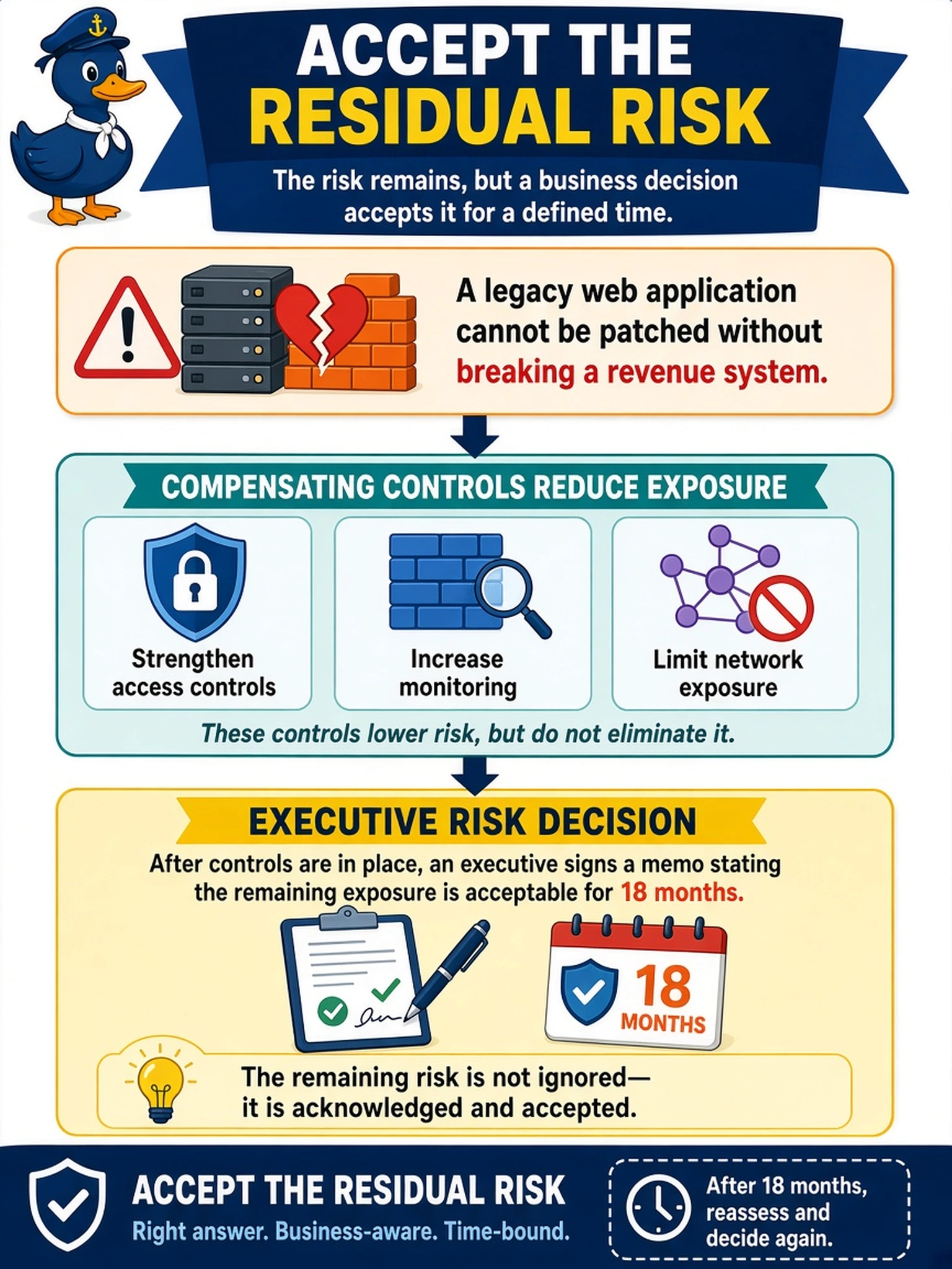 To Create an exciting colorful infographic that explains the concepts in the question: Question: A legacy web application cannot be patched without breaking a revenue system. After compensating controls are in place, an executive signs a memo stating the remaining exposure is acceptable for 18 months. Which vulnerability response best matches this decision? Correct Answer: Accept the residual risk Put EVERY visible label in double quotes. No people. No A/B/C/D letters. In one of the four corners put a little "Navy Duck".
