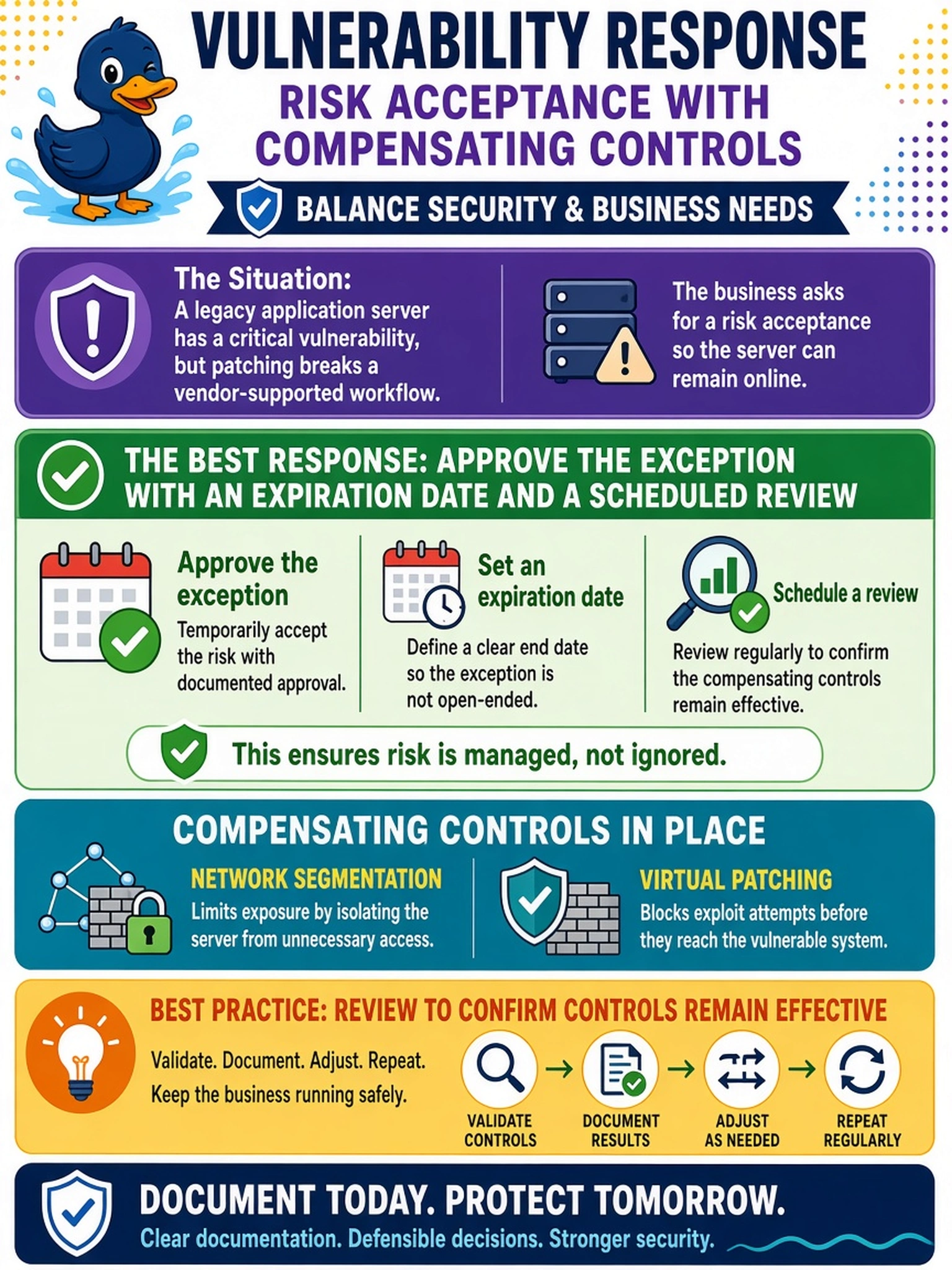 To Create an exciting colorful infographic that explains the concepts in the question: Question: A legacy application server has a critical vulnerability, but patching breaks a vendor-supported workflow. The business asks for a risk acceptance so the server can remain online. The analyst proposes compensating controls such as network segmentation and virtual patching. What is the best way to document the vulnerability response? Correct Answer: Approve the exception with an expiration date and a scheduled review to confirm the compensating controls remain effective. Put EVERY visible label in double quotes. No people. No A/B/C/D letters. In one of the four corners put a little "Navy Duck".