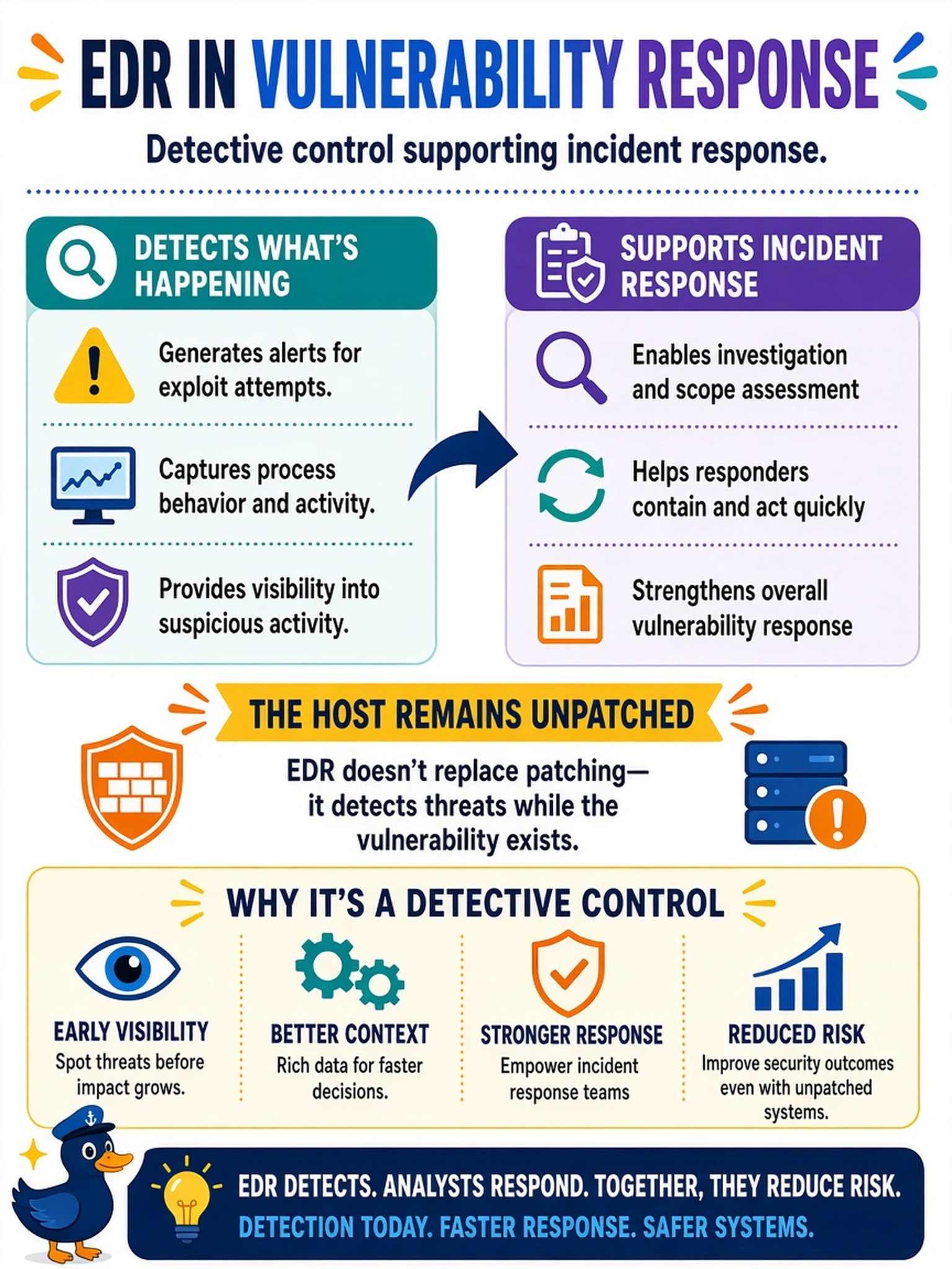 To Create an exciting colorful infographic that explains the concepts in the question: Question: An analyst notices an unpatched web server receiving exploit attempts. The EDR agent generates alerts and captures process behavior, but the host remains unpatched. How should the EDR capability be classified in vulnerability response? Correct Answer: Detective control supporting incident response Put EVERY visible label in double quotes. No people. No A/B/C/D letters. In one of the four corners put a little "Navy Duck".