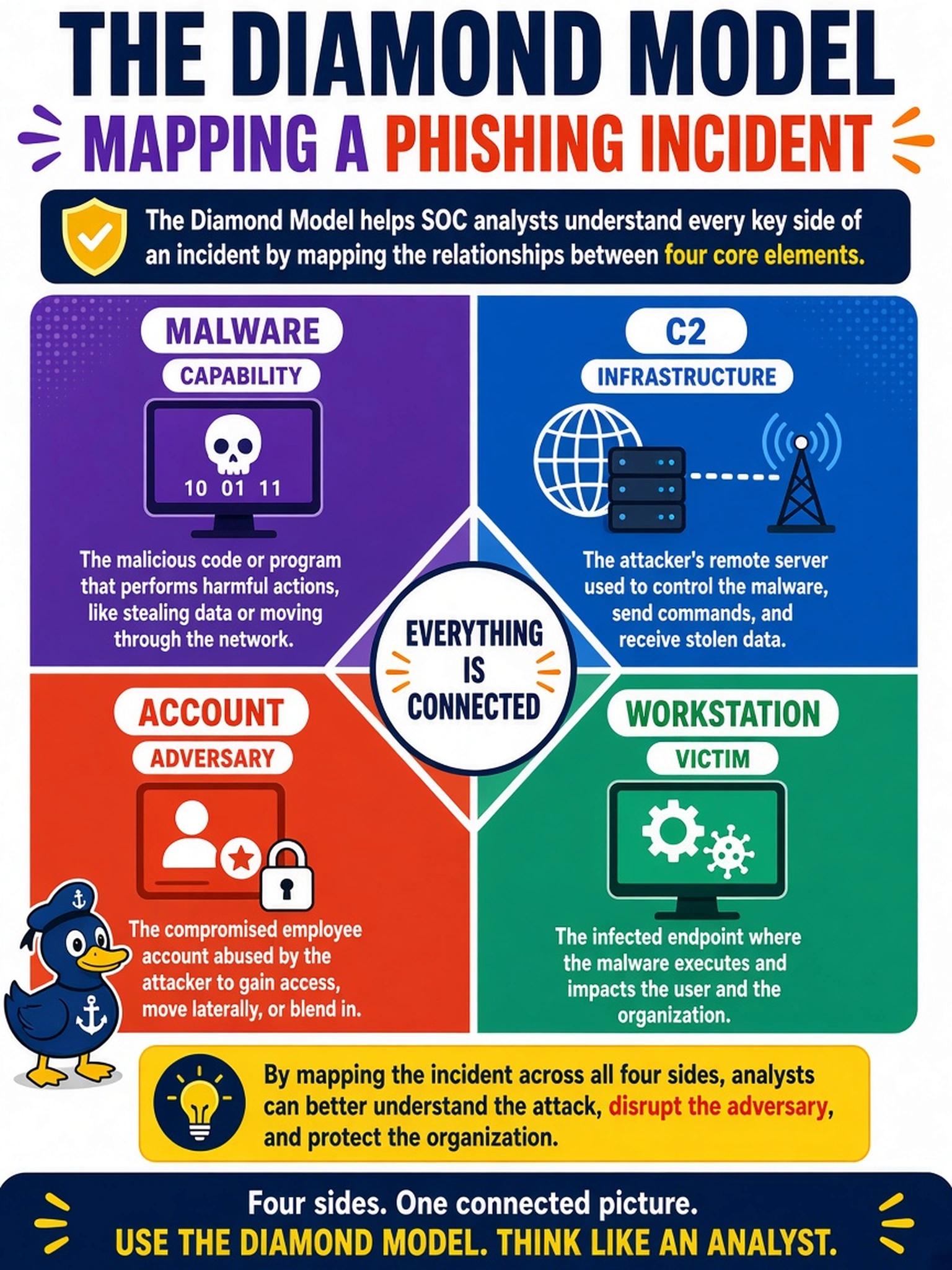 To Create an exciting colorful infographic that explains the concepts in the question: Question: During a phishing incident, a SOC analyst has a malware sample, an attacker C2 server, a compromised employee account, and an infected workstation. Using the Diamond Model, which mapping is correct? Correct Answer: Malware capability; C2 infrastructure; account adversary; workstation victim. Put EVERY visible label in double quotes. No people. No A/B/C/D letters. In one of the four corners put a little "Navy Duck".