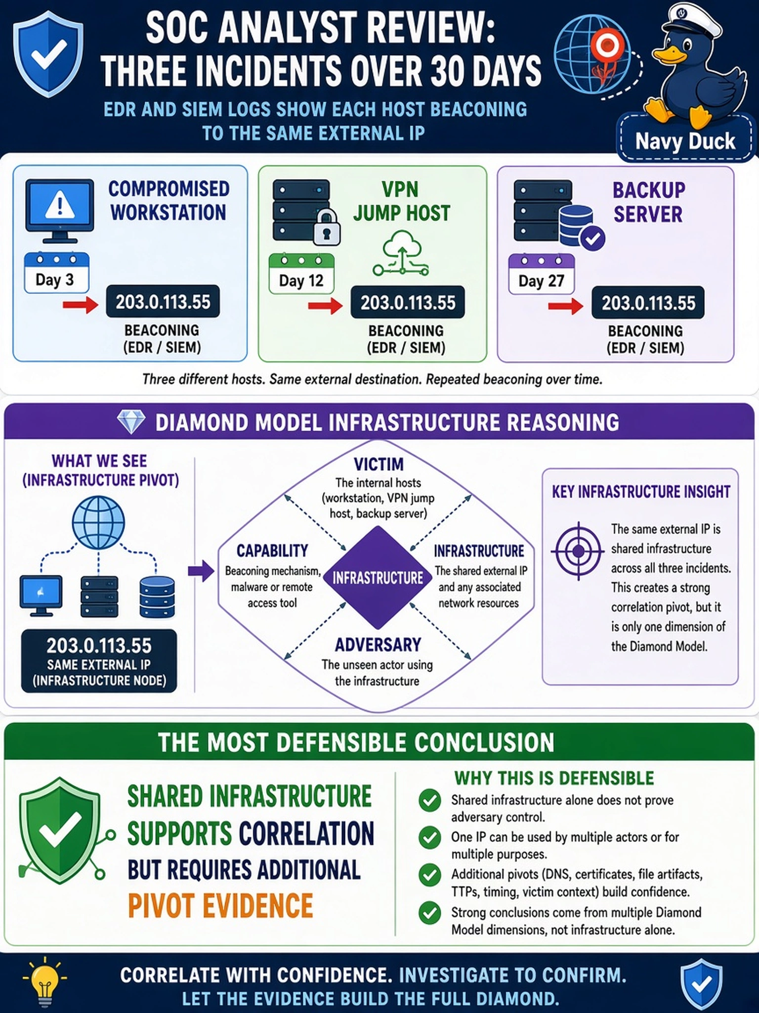 To Create an exciting colorful infographic that explains the concepts in the question: Question: A SOC analyst reviews three incidents over 30 days: a compromised workstation, a VPN jump host, and a backup server. EDR and SIEM logs show each host beaconing to the same external IP. Using Diamond Model infrastructure reasoning, what is the most defensible conclusion? Correct Answer: Shared infrastructure supports correlation but requires additional pivot evidence Put EVERY visible label in double quotes. No people. No A/B/C/D letters. In one of the four corners put a little "Navy Duck".