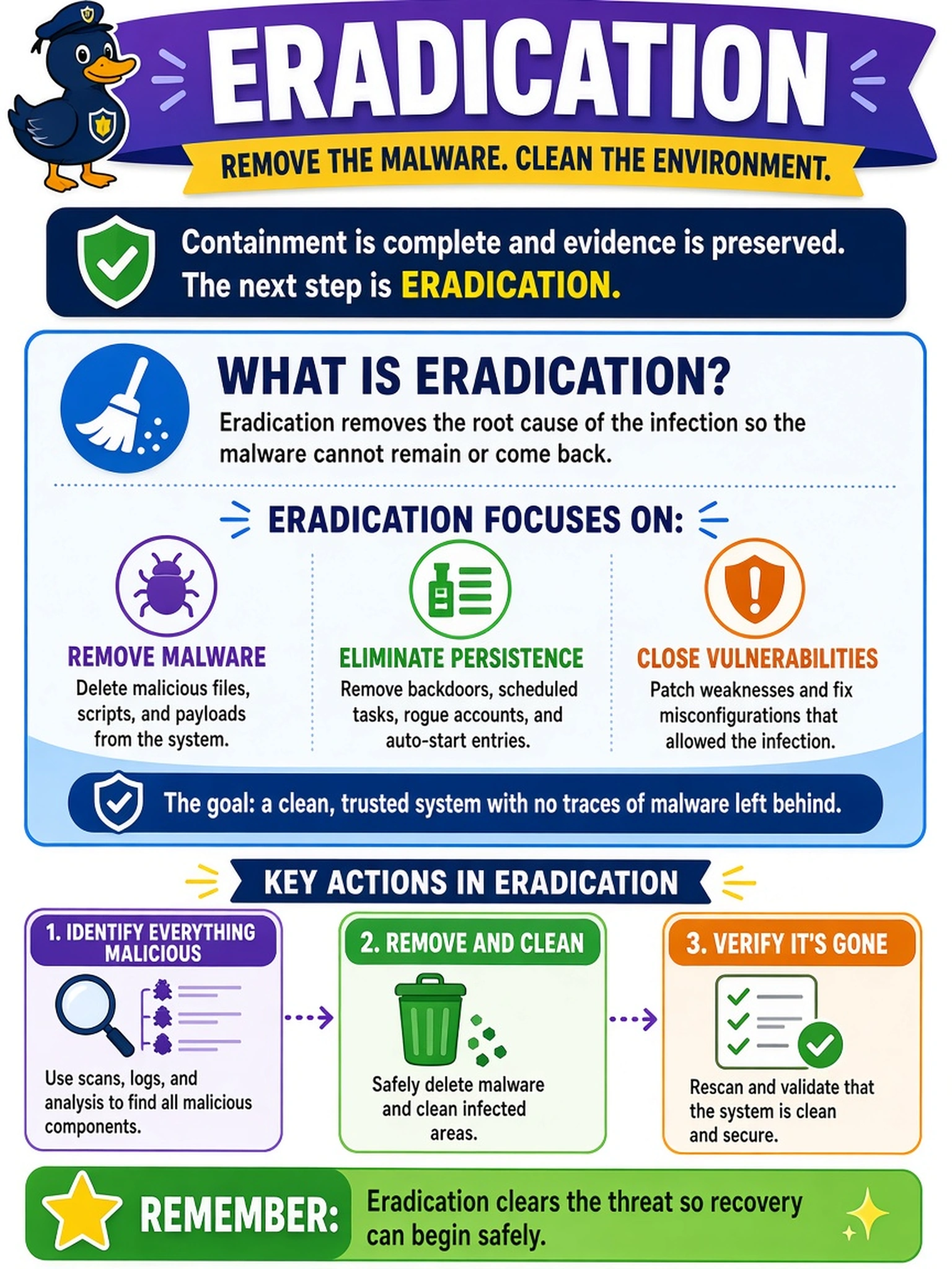 To Create an exciting colorful infographic that explains the concepts in the question: Question: A SOC analyst has confirmed a malware infection, isolated the affected server, and blocked command-and-control traffic. The containment step is complete, and no evidence preservation issues remain. What should happen next in the incident response process? Correct Answer: Eradication Put EVERY visible label in double quotes. No people. No A/B/C/D letters. In one of the four corners put a little "Navy Duck".