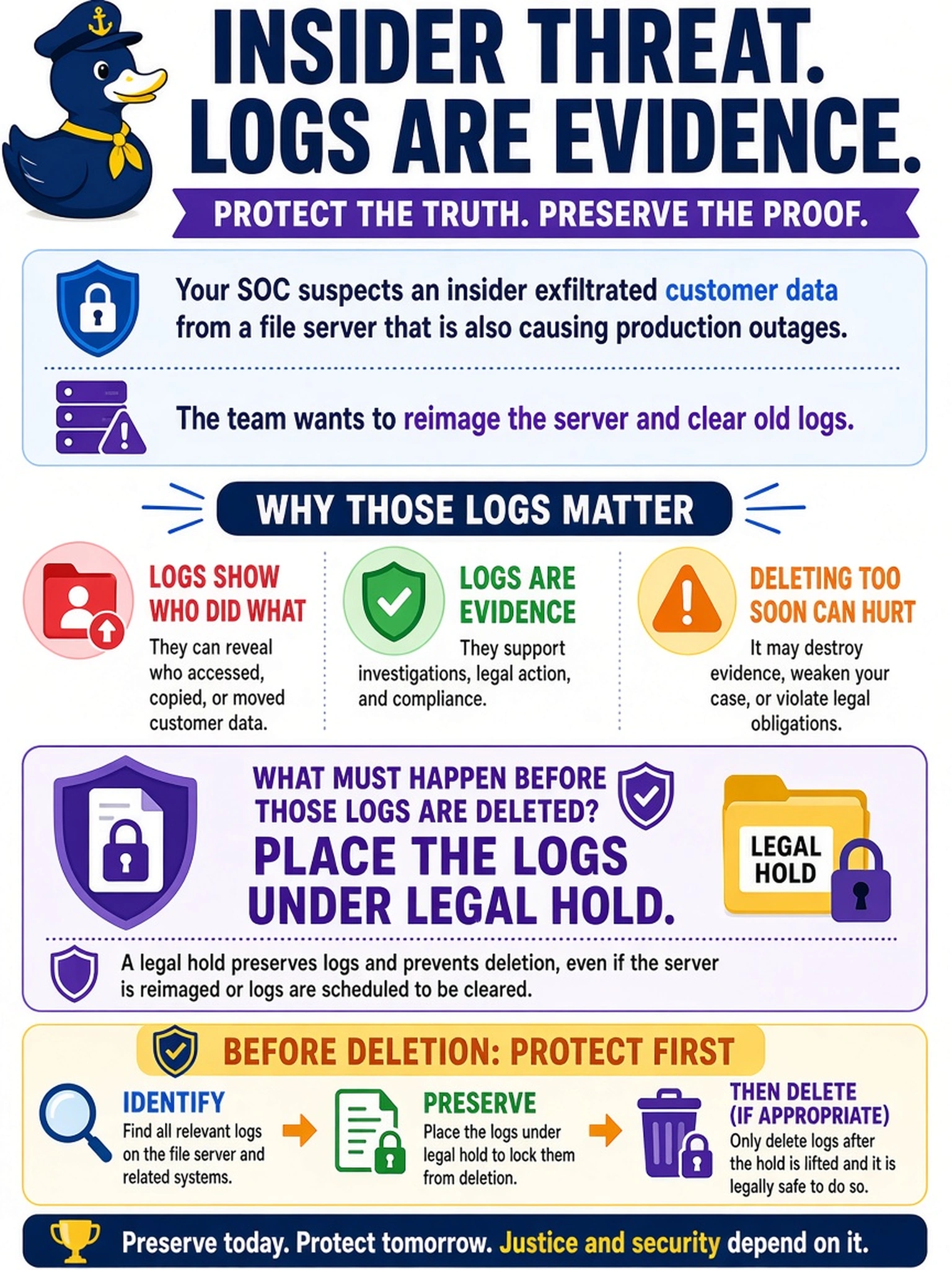 To Create an exciting colorful infographic that explains the concepts in the question: Question: Your SOC suspects an insider exfiltrated customer data from a file server that is also causing production outages. The team wants to reimage the server and clear old logs. What must happen before those logs are deleted? Correct Answer: Place the logs under legal hold. Put EVERY visible label in double quotes. No people. No A/B/C/D letters. In one of the four corners put a little "Navy Duck".
