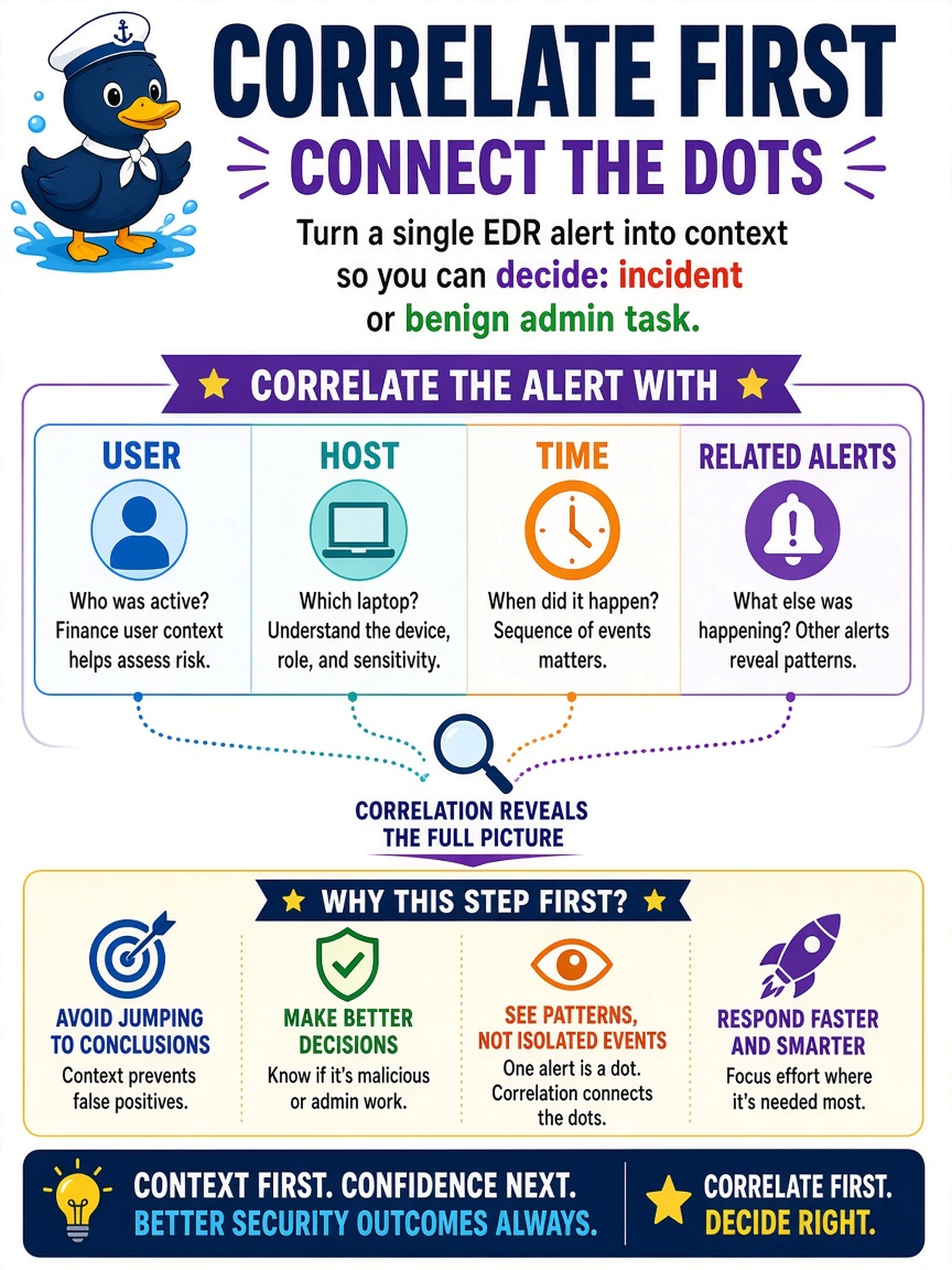 To Create an exciting colorful infographic that explains the concepts in the question: Question: An EDR alert flags suspicious PowerShell on a laptop used by a finance user. You need to decide whether this is an incident or a benign admin task. Which identification step should you take first? Correct Answer: Correlate the alert with user, host, time, and related alerts. Put EVERY visible label in double quotes. No people. No A/B/C/D letters. In one of the four corners put a little "Navy Duck".