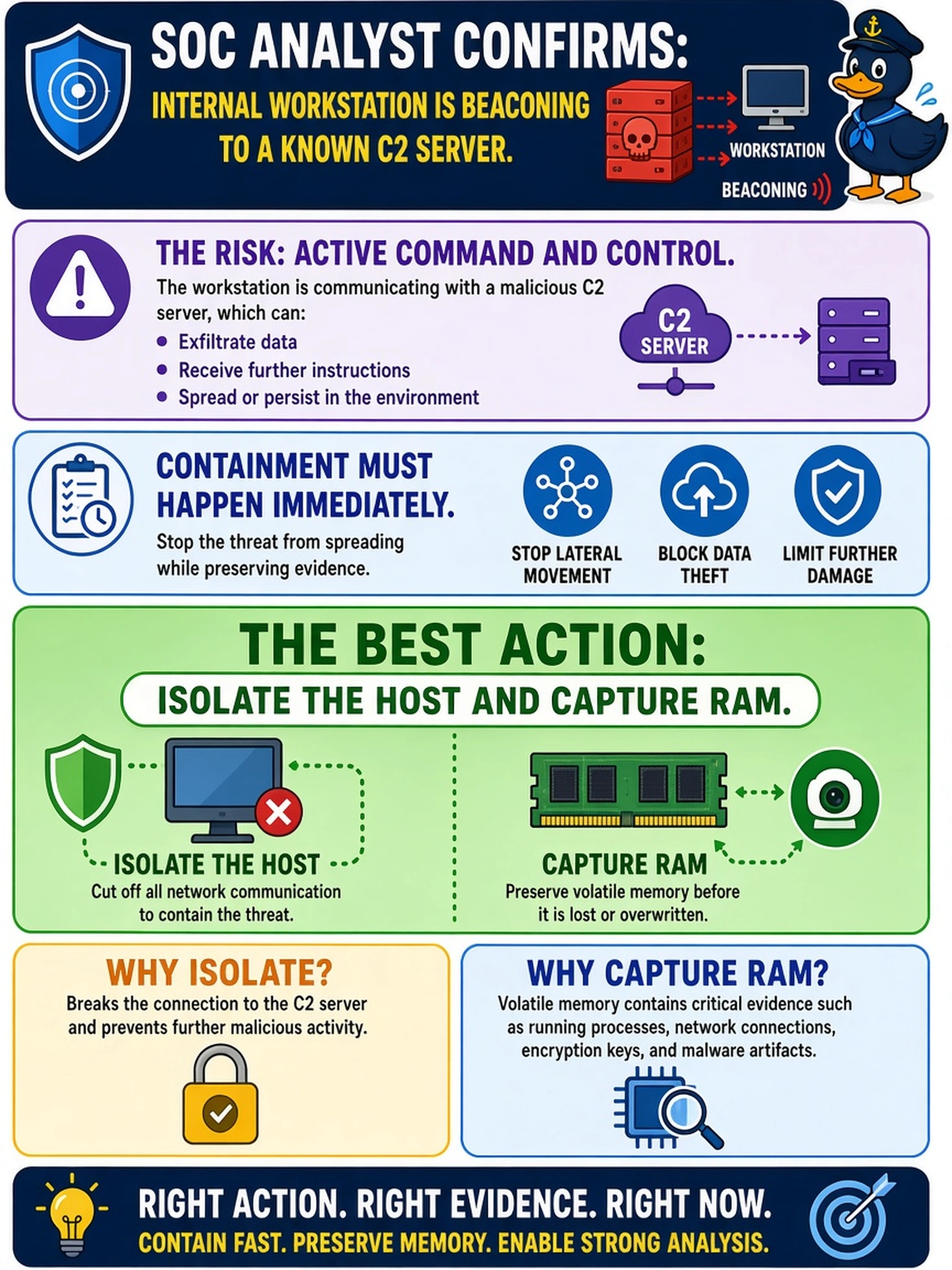 To Create an exciting colorful infographic that explains the concepts in the question: Question: A SOC analyst confirms an internal workstation is beaconing to a known C2 server. Management wants immediate containment while preserving volatile memory for later analysis. Which action best meets both goals? Correct Answer: Isolate the host and capture RAM. Put EVERY visible label in double quotes. No people. No A/B/C/D letters. In one of the four corners put a little "Navy Duck".
