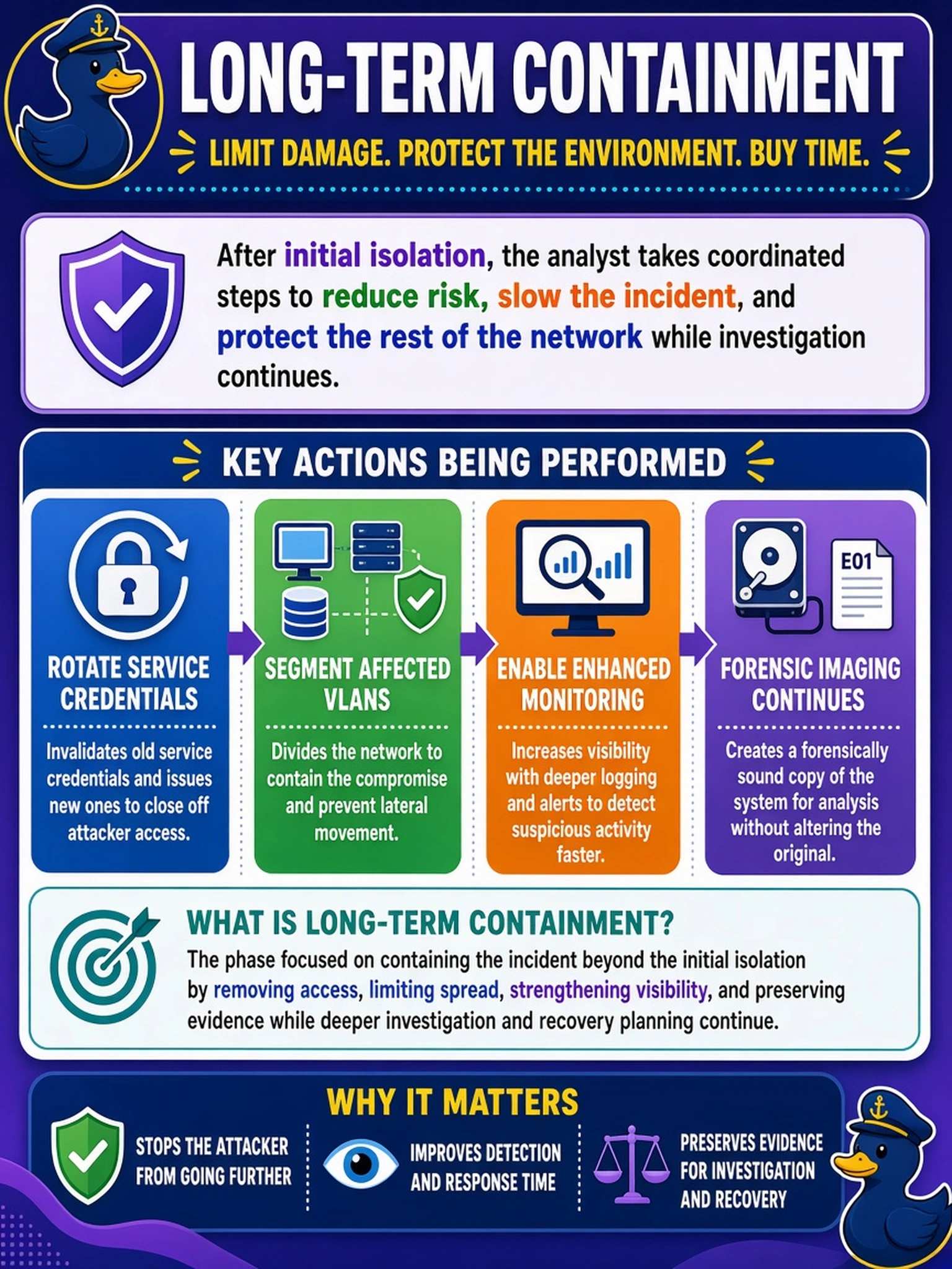 To Create an exciting colorful infographic that explains the concepts in the question: Question: After initial isolation of a compromised workstation, an analyst rotates service credentials, segments affected VLANs, and enables enhanced monitoring while forensic imaging continues. Which incident response phase is being performed? Correct Answer: Long-term containment Put EVERY visible label in double quotes. No people. No A/B/C/D letters. In one of the four corners put a little "Navy Duck".