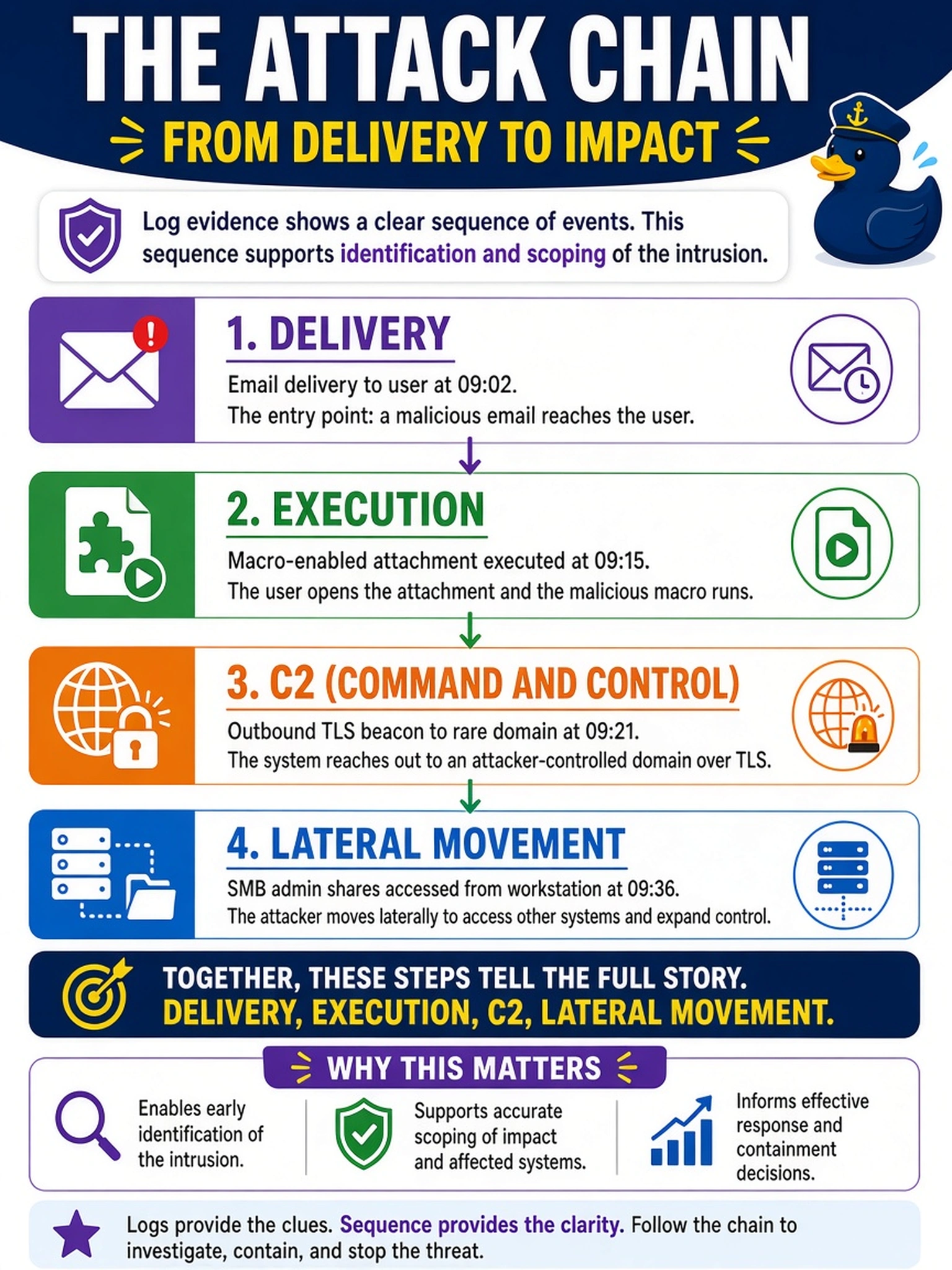 To Create an exciting colorful infographic that explains the concepts in the question: Question: An analyst reviews EDR, email gateway, and firewall logs for a suspected intrusion: email delivery to user at 09:02, macro-enabled attachment executed at 09:15, outbound TLS beacon to rare domain at 09:21, SMB admin shares accessed from workstation at 09:36. Which sequence best supports identification and scoping? Correct Answer: Delivery, execution, C2, lateral movement Put EVERY visible label in double quotes. No people. No A/B/C/D letters. In one of the four corners put a little "Navy Duck".
