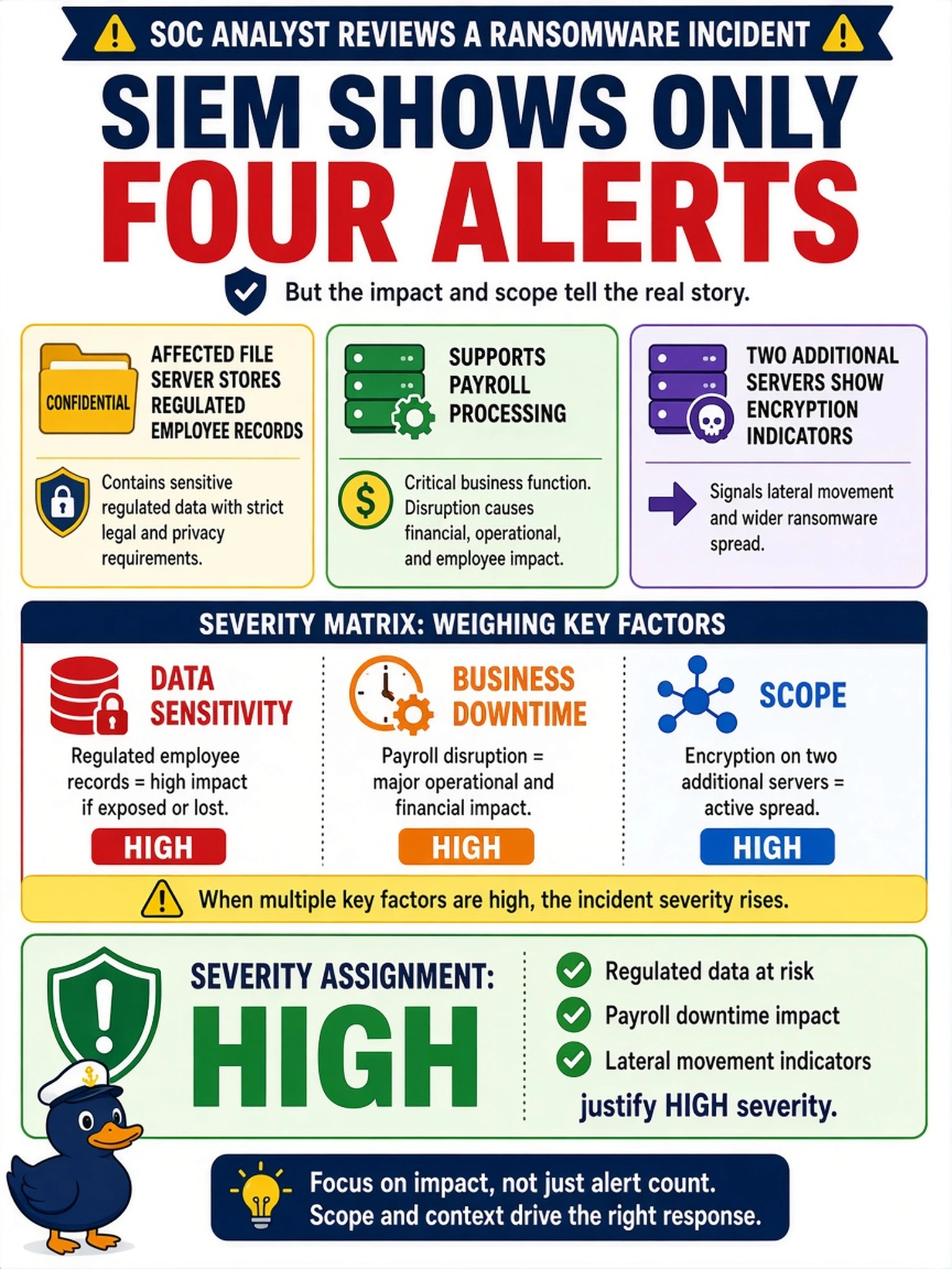 To Create an exciting colorful infographic that explains the concepts in the question: Question: A SOC analyst reviews a ransomware incident. The SIEM shows only four alerts, but the affected file server stores regulated employee records, supports payroll processing, and two additional servers show encryption indicators. The severity matrix weighs data sensitivity, business downtime, and scope. What severity assignment is most appropriate? Correct Answer: High — regulated data, payroll downtime, and lateral indicators justify it. Put EVERY visible label in double quotes. No people. No A/B/C/D letters. In one of the four corners put a little "Navy Duck".