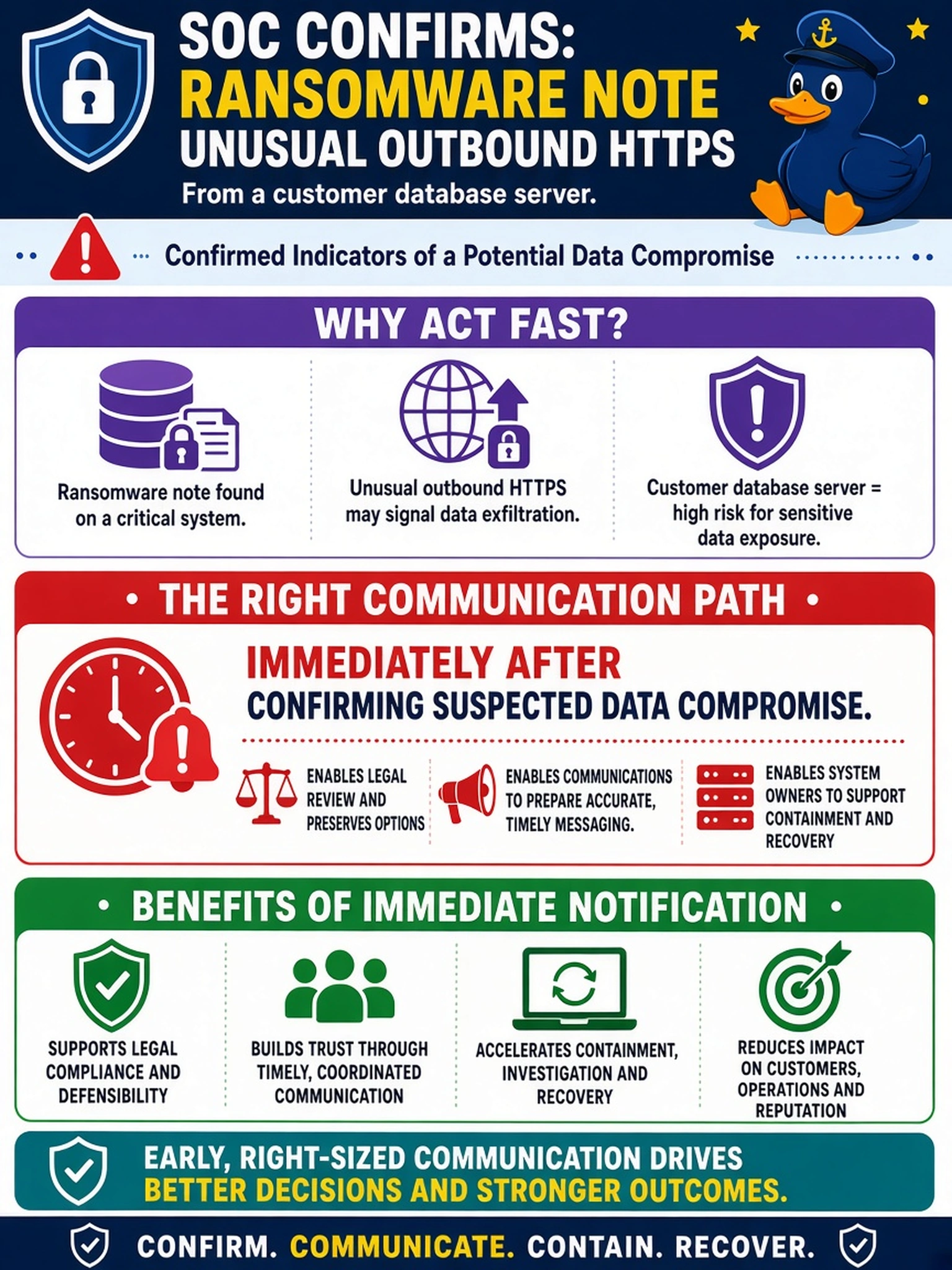 To Create an exciting colorful infographic that explains the concepts in the question: Question: A SOC confirms EDR shows a ransomware note and unusual outbound HTTPS from a customer database server. The incident commander asks when to notify legal, communications, and system owners. Which communication path is appropriate? Correct Answer: Immediately after confirming suspected data compromise. Put EVERY visible label in double quotes. No people. No A/B/C/D letters. In one of the four corners put a little "Navy Duck".