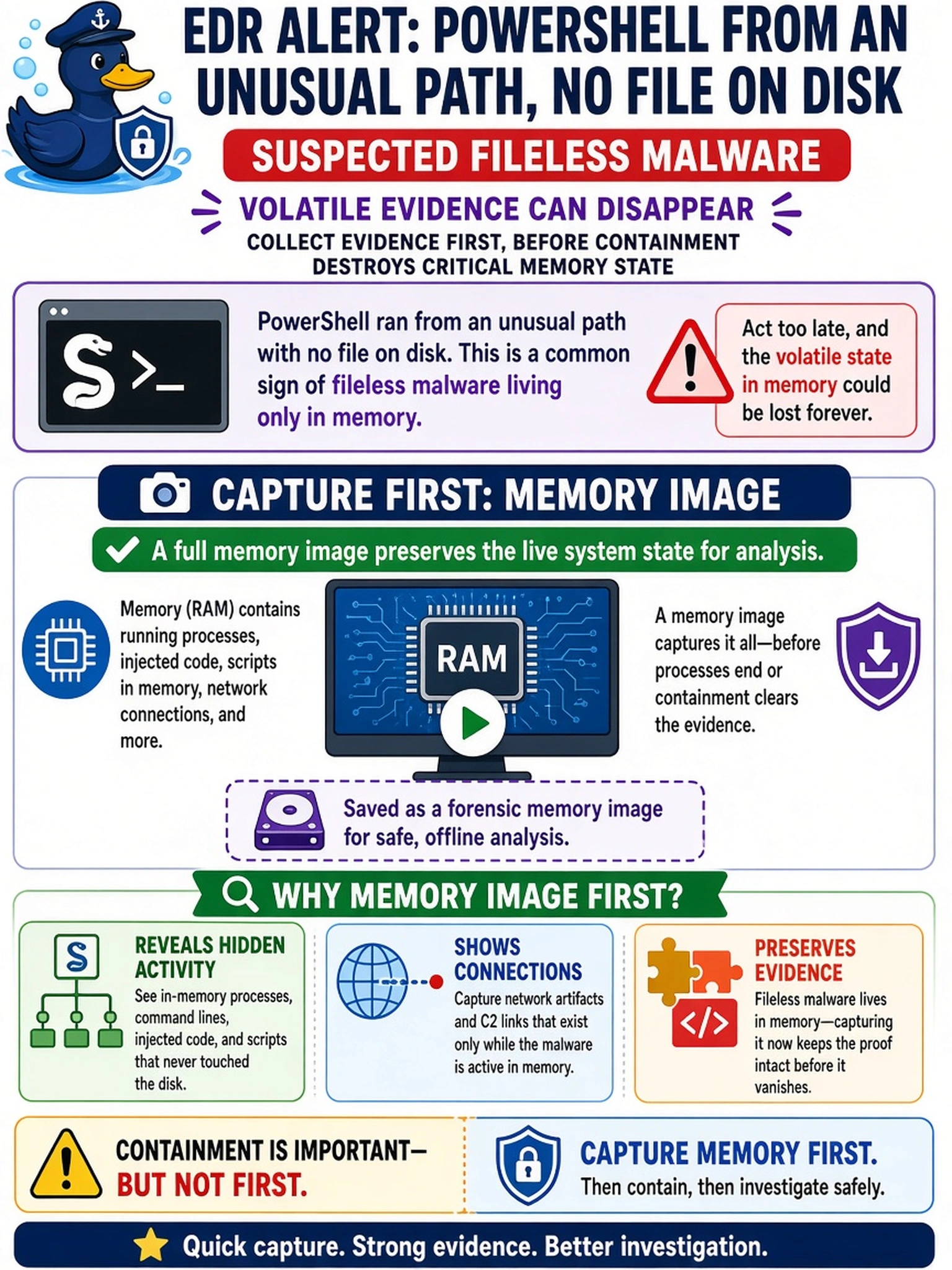 To Create an exciting colorful infographic that explains the concepts in the question: Question: An EDR alert shows PowerShell spawning from an unusual path with no file on disk, and the endpoint is suspected of fileless malware. The analyst must collect evidence before containment could destroy volatile state. What should be captured first? Correct Answer: Memory image Put EVERY visible label in double quotes. No people. No A/B/C/D letters. In one of the four corners put a little "Navy Duck".
