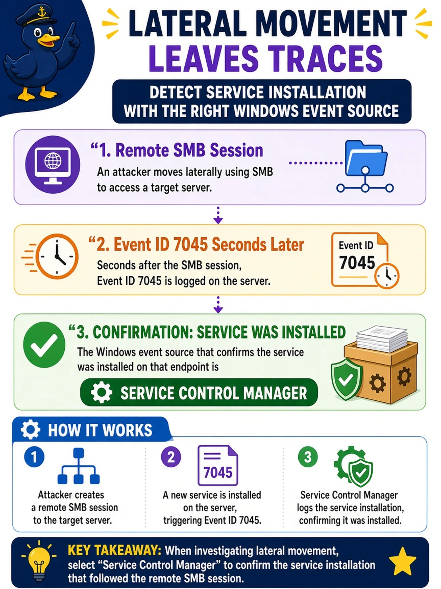 To Create an exciting colorful infographic that explains the concepts in the question: Question: During lateral movement, a server logs Event ID 7045 seconds after a remote SMB session. The analyst must identify the Windows event source that confirms the service was installed on that endpoint. Which event source should be selected? Correct Answer: Service Control Manager Put EVERY visible label in double quotes. No people. No A/B/C/D letters. In one of the four corners put a little "Navy Duck".