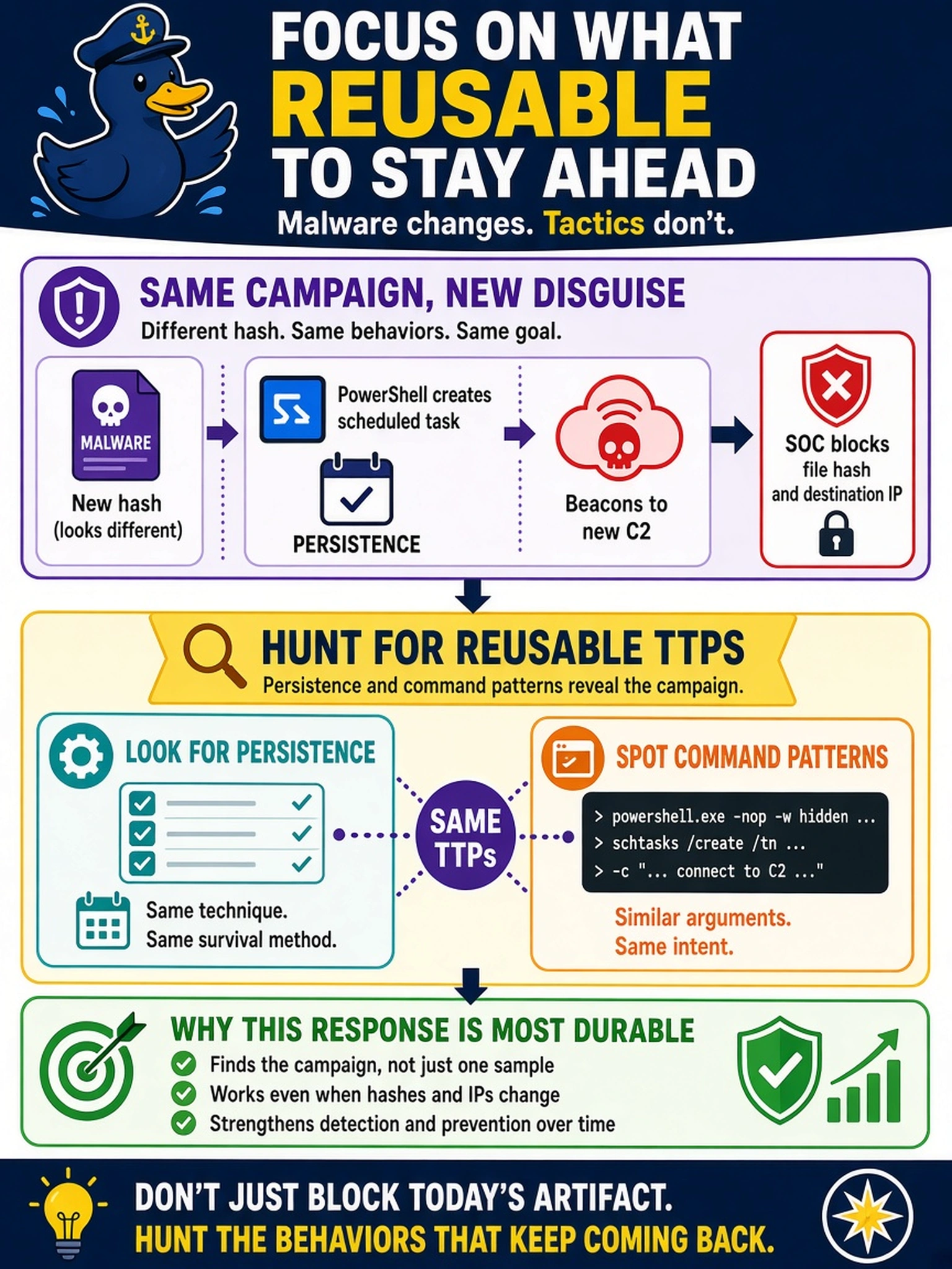 To Create an exciting colorful infographic that explains the concepts in the question: Question: An EDR alert fires for a malware sample using PowerShell to create a scheduled task and beacon to a new C2. The SOC blocks the file hash and destination IP. Two days later, the same campaign appears with a different hash but similar command-line arguments and persistence. Which response is most durable? Correct Answer: Hunt for reusable TTPs like persistence and command patterns. Put EVERY visible label in double quotes. No people. No A/B/C/D letters. In one of the four corners put a little "Navy Duck".