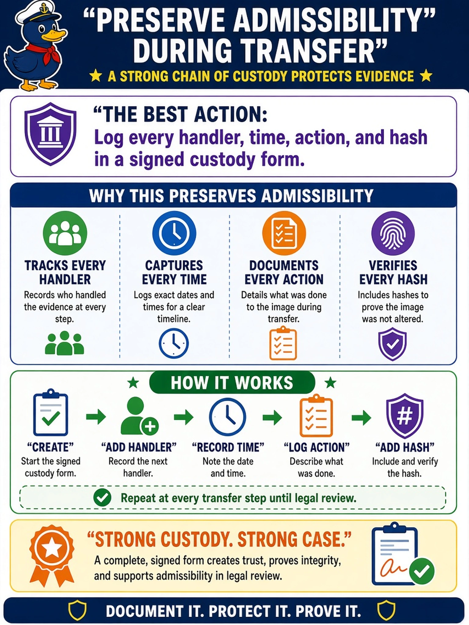 To Create an exciting colorful infographic that explains the concepts in the question: Question: An analyst prepares to transfer a forensic image of a compromised workstation to legal review. The image has been acquired and verified. Which action best preserves admissibility during transfer? Correct Answer: Log every handler, time, action, and hash in a signed custody form. Put EVERY visible label in double quotes. No people. No A/B/C/D letters. In one of the four corners put a little "Navy Duck".