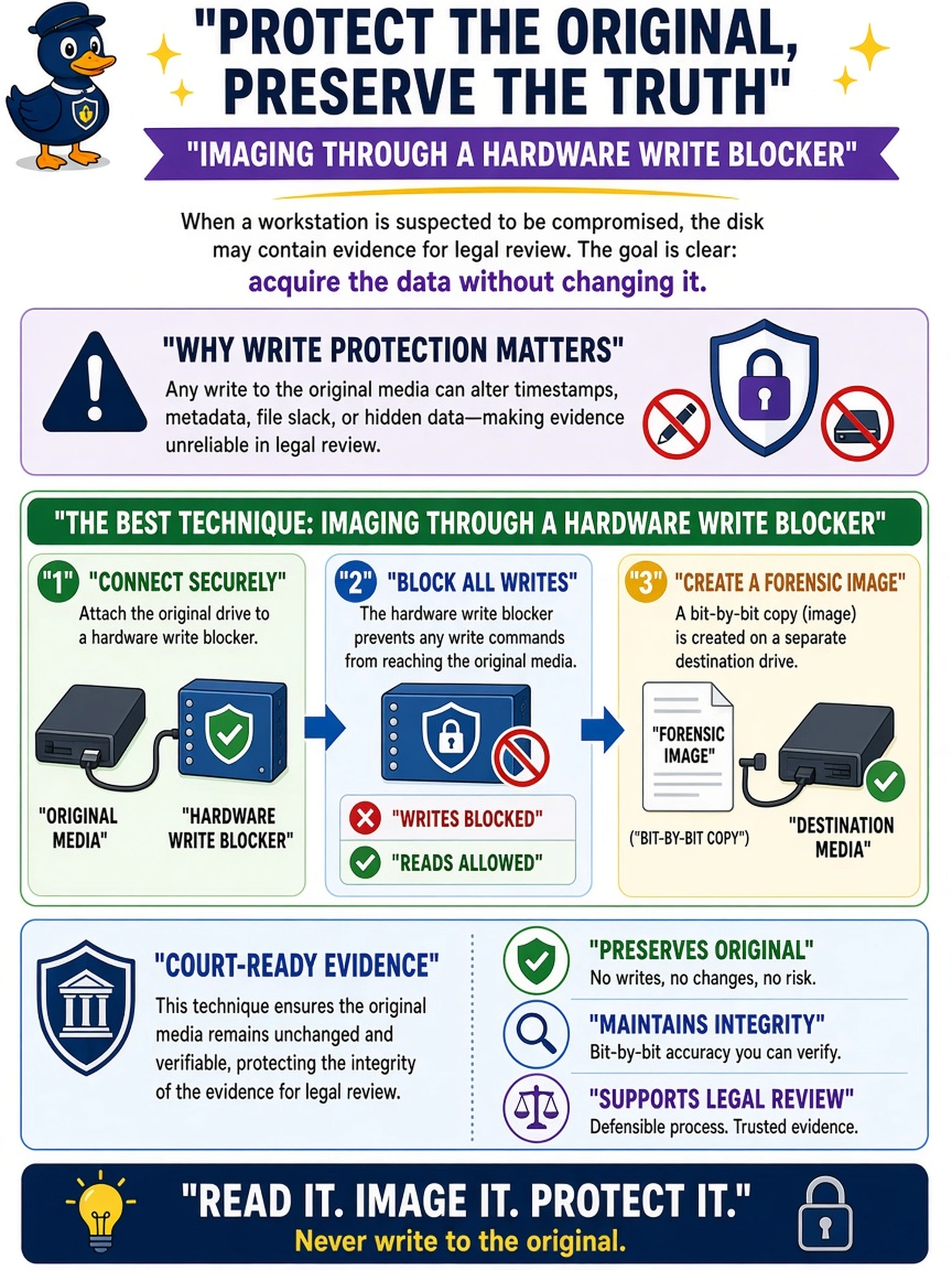 To Create an exciting colorful infographic that explains the concepts in the question: Question: A suspected compromised workstation contains evidence that may be needed in a legal review. The analyst must acquire the disk while preventing any writes to the original media. Which acquisition technique best protects the original evidence? Correct Answer: Imaging through a hardware write blocker Put EVERY visible label in double quotes. No people. No A/B/C/D letters. In one of the four corners put a little "Navy Duck".