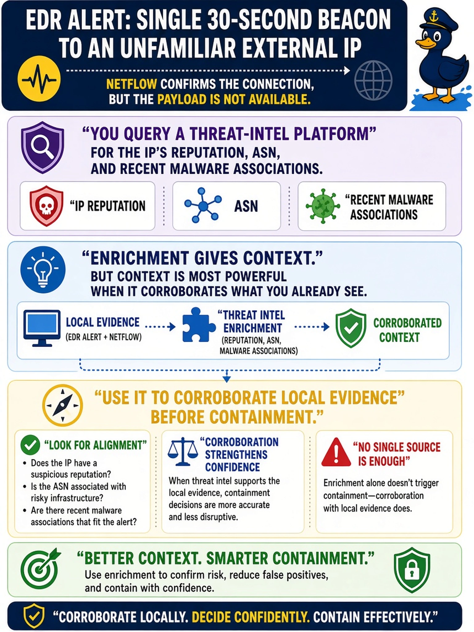 To Create an exciting colorful infographic that explains the concepts in the question: Question: An EDR alert shows a workstation making a single 30-second beacon to an unfamiliar external IP. NetFlow confirms the connection, but the payload is not available. You query a threat-intel platform for the IP's reputation, ASN, and recent malware associations. What is the best use of that enrichment when deciding containment? Correct Answer: Use it to corroborate local evidence before containment. Put EVERY visible label in double quotes. No people. No A/B/C/D letters. In one of the four corners put a little "Navy Duck".
