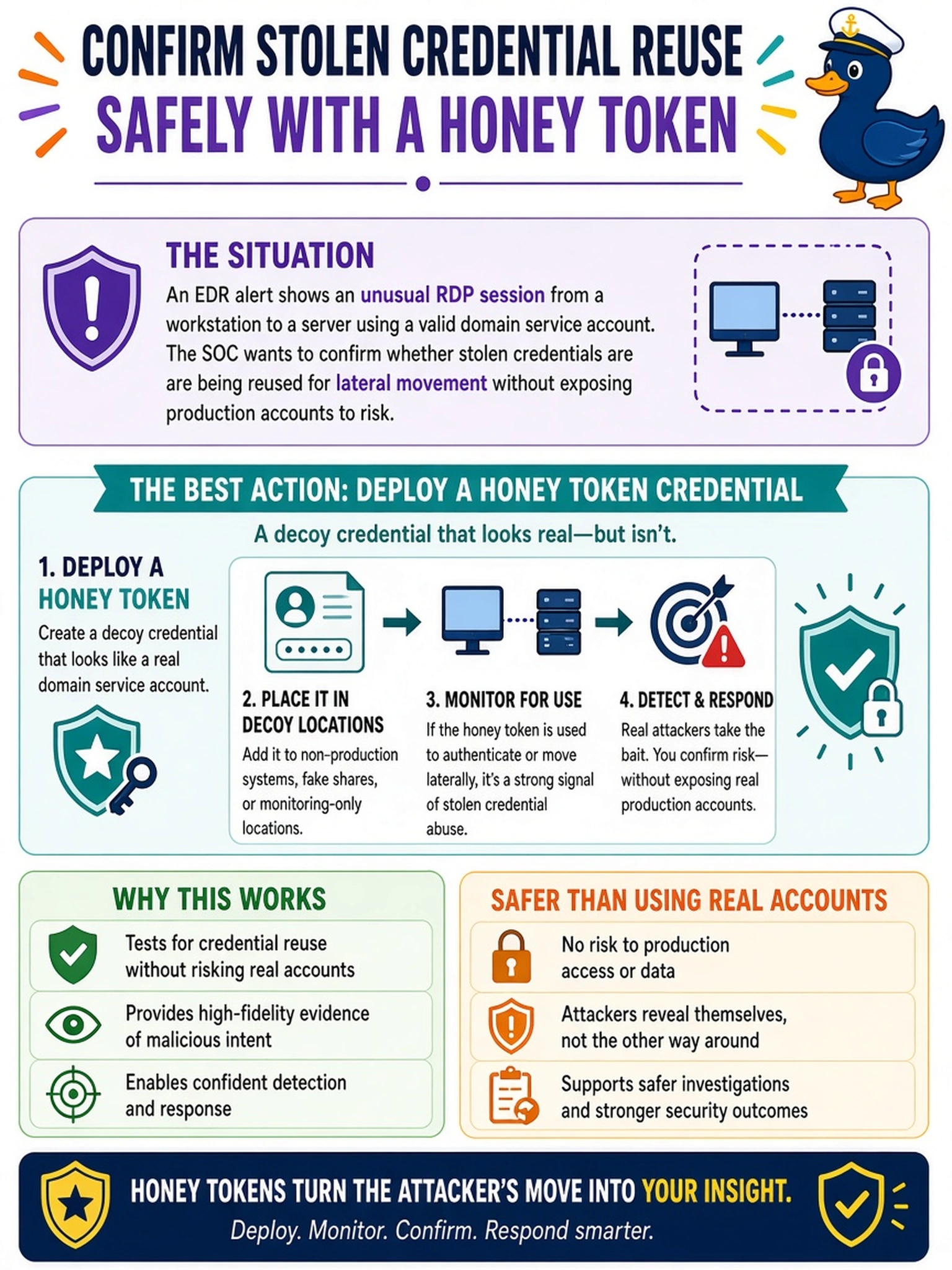 To Create an exciting colorful infographic that explains the concepts in the question: Question: An EDR alert shows an unusual RDP session from a workstation to a server using a valid domain service account. The SOC wants to confirm whether stolen credentials are being reused for lateral movement without exposing production accounts to risk. Which action best supports that goal? Correct Answer: Deploy a honey token credential Put EVERY visible label in double quotes. No people. No A/B/C/D letters. In one of the four corners put a little "Navy Duck".