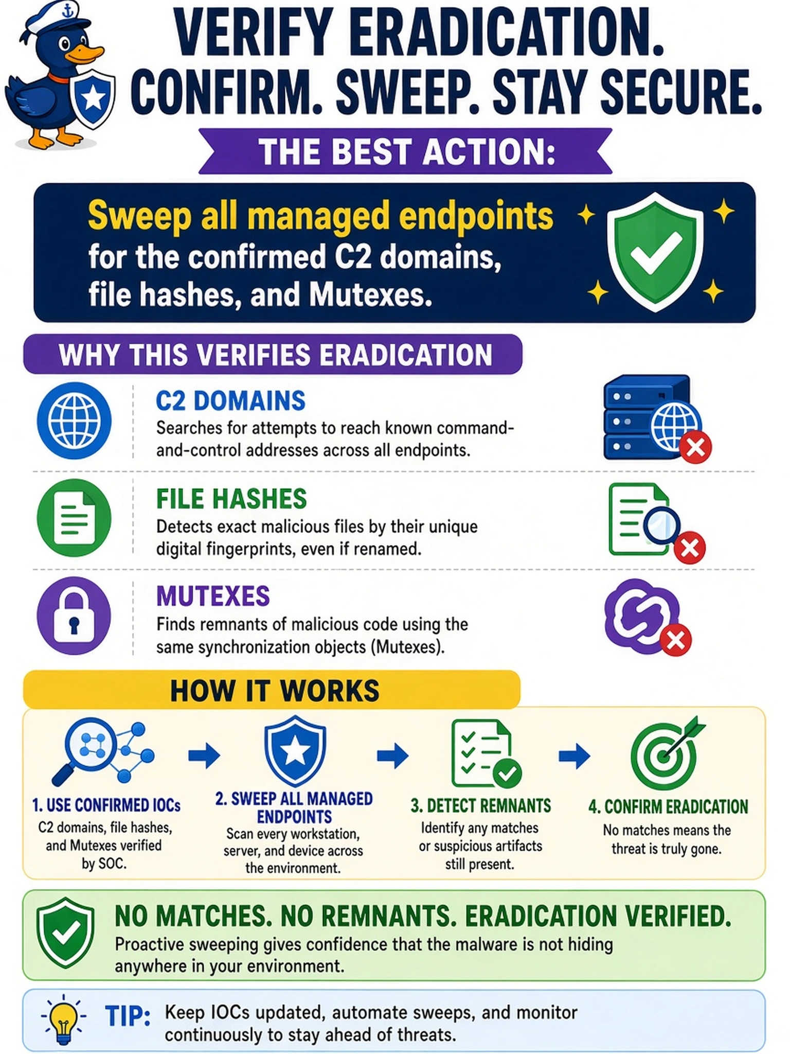 To Create an exciting colorful infographic that explains the concepts in the question: Question: After eradicating malware from a compromised server, the SOC has confirmed IOCs such as C2 domains, file hashes, and mutexes. Which action best verifies eradication? Correct Answer: Sweep all managed endpoints for the confirmed C2 domains, file hashes, and mutexes. Put EVERY visible label in double quotes. No people. No A/B/C/D letters. In one of the four corners put a little "Navy Duck".