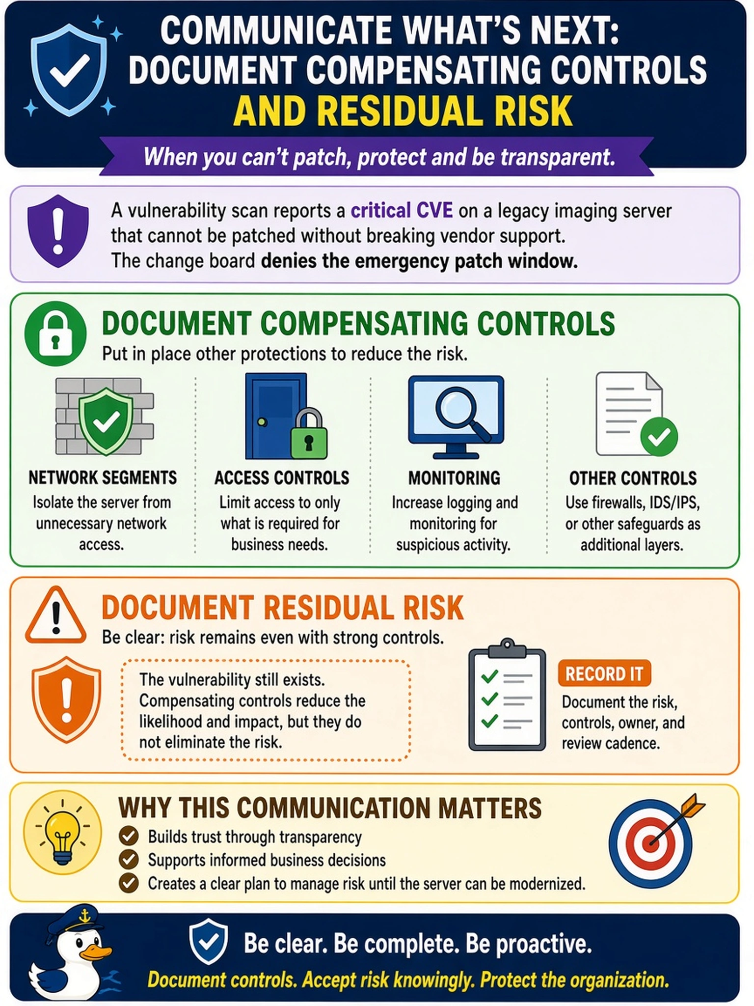 To Create an exciting colorful infographic that explains the concepts in the question: Question: A vulnerability scan reports a critical CVE on a legacy imaging server that cannot be patched without breaking vendor support. The change board denies the emergency patch window. What should the analyst communicate to stakeholders? Correct Answer: Document compensating controls and residual risk Put EVERY visible label in double quotes. No people. No A/B/C/D letters. In one of the four corners put a little "Navy Duck".