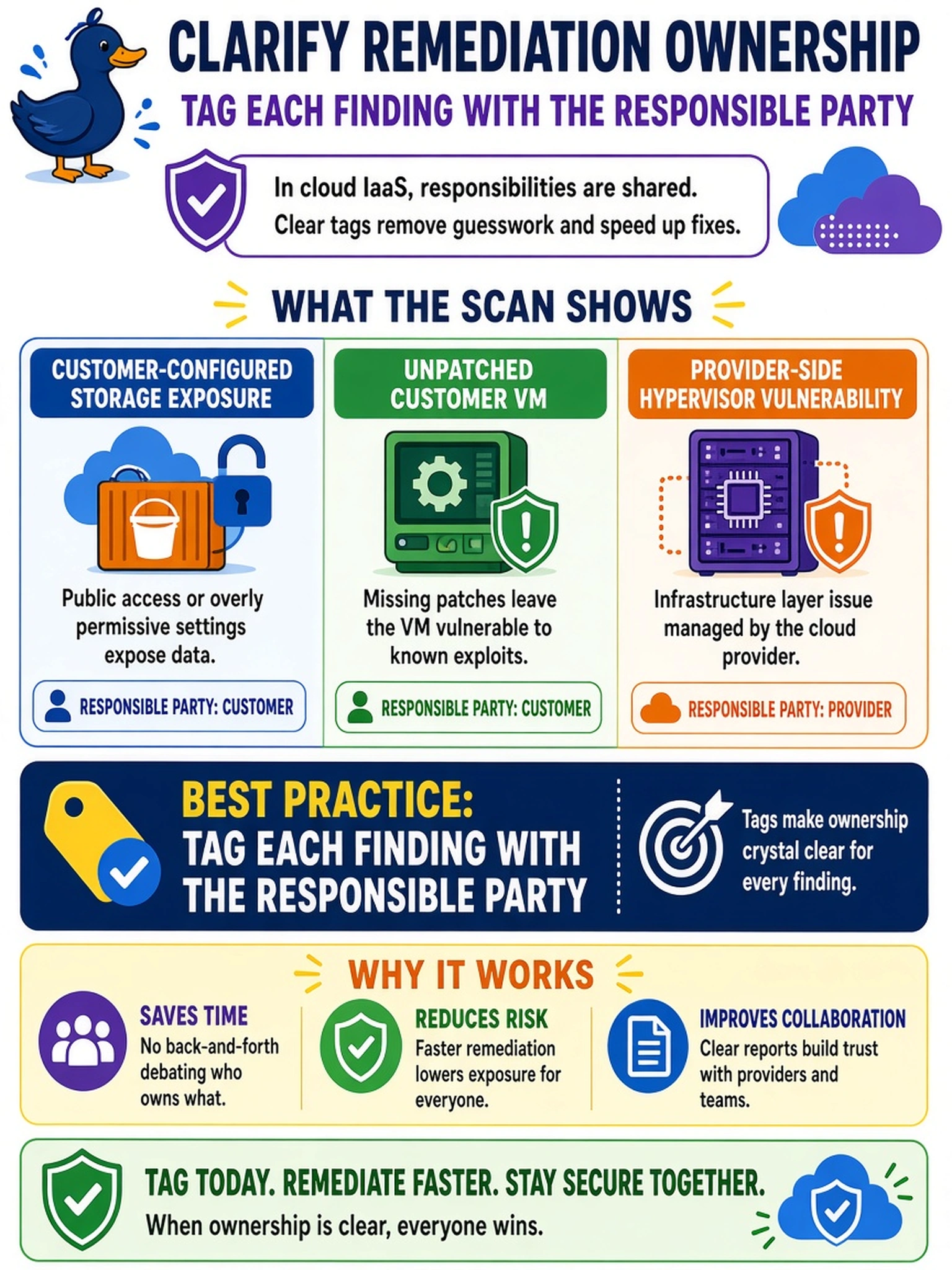 To Create an exciting colorful infographic that explains the concepts in the question: Question: An analyst is preparing a vulnerability report for a cloud IaaS environment. The scan shows customer-configured storage exposure, an unpatched customer VM, and a provider-side hypervisor vulnerability. The report is being shared with both the cloud provider and internal app owners. Which reporting practice best clarifies remediation ownership? Correct Answer: Tag each finding with the responsible party. Put EVERY visible label in double quotes. No people. No A/B/C/D letters. In one of the four corners put a little "Navy Duck".