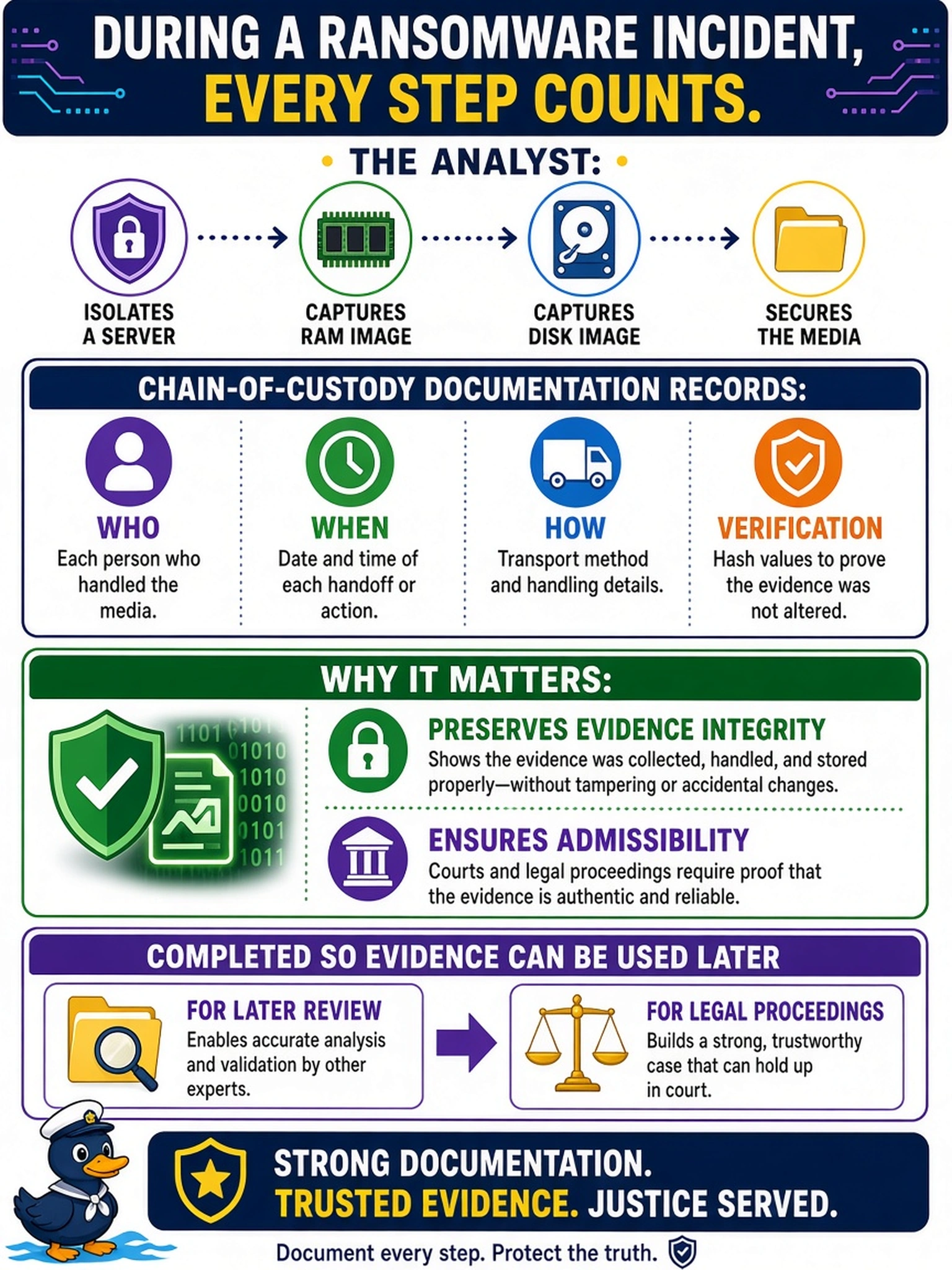 To Create an exciting colorful infographic that explains the concepts in the question: Question: During a ransomware incident, an analyst isolates a server, captures RAM and disk images, and records each person who handled the media, timestamps, transport method, and hash values. Why must this chain-of-custody documentation be completed? Correct Answer: It preserves evidence integrity and admissibility for later review or legal proceedings. Put EVERY visible label in double quotes. No people. No A/B/C/D letters. In one of the four corners put a little "Navy Duck".