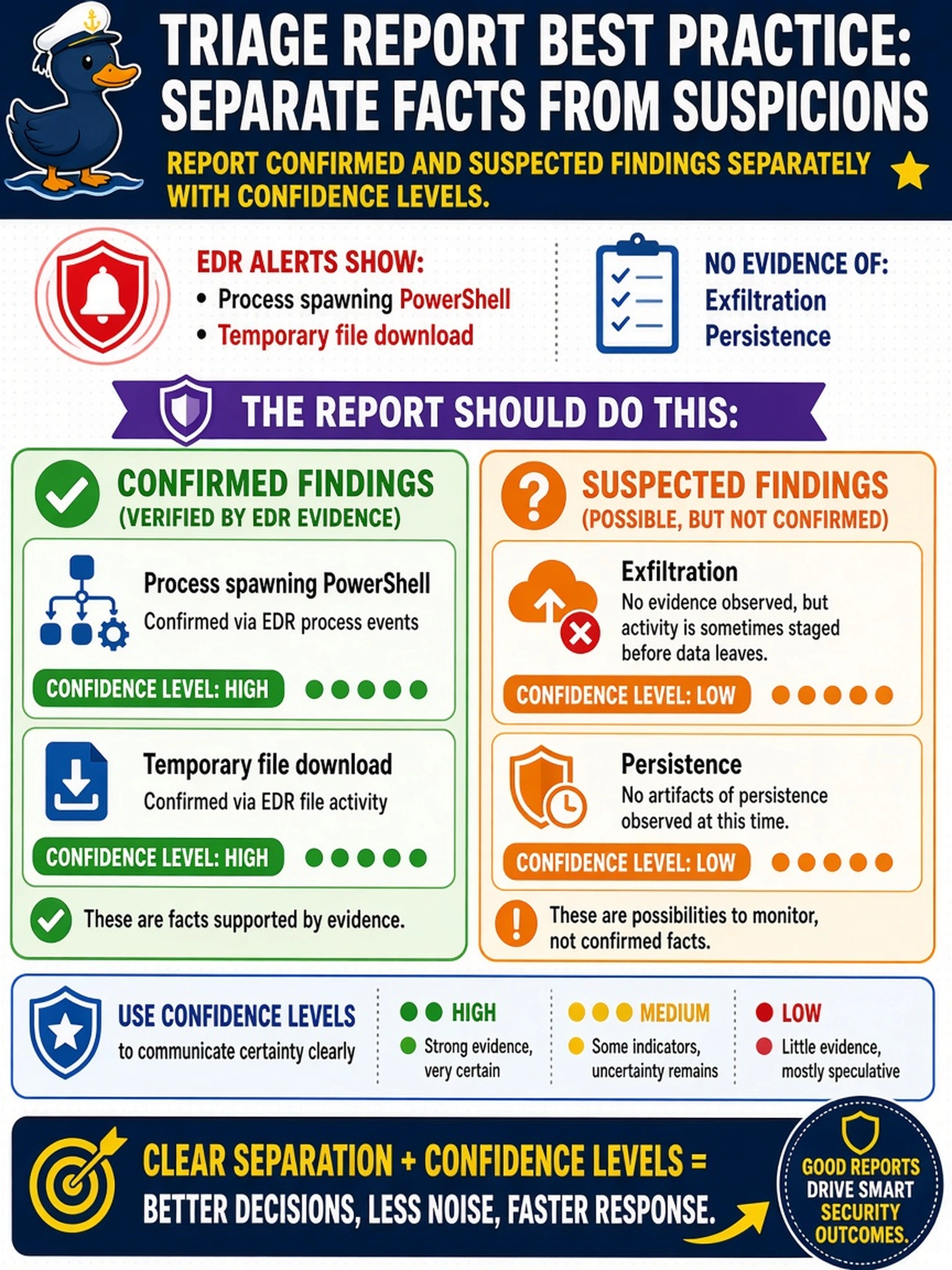 To Create an exciting colorful infographic that explains the concepts in the question: Question: An analyst sends an initial triage report after EDR alerts show a process spawning PowerShell and a temporary file download, but no exfiltration or persistence has been confirmed. What should the report do? Correct Answer: Report confirmed and suspected findings separately with confidence levels. Put EVERY visible label in double quotes. No people. No A/B/C/D letters. In one of the four corners put a little "Navy Duck".