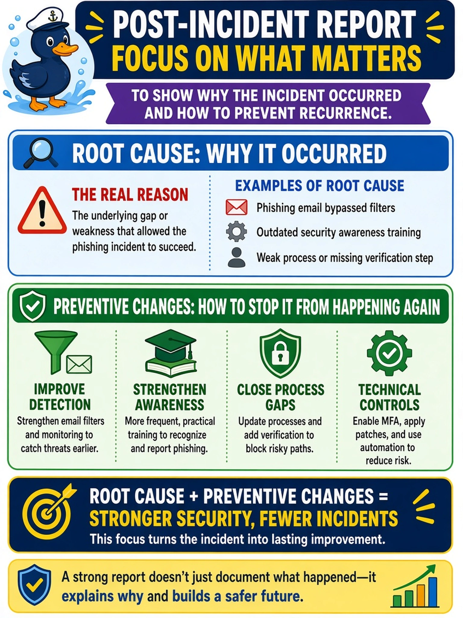 To Create an exciting colorful infographic that explains the concepts in the question: Question: After a phishing incident, leadership asks for the post-incident report. The analyst has a detailed timeline of alerts, containment actions, and recovery steps. To show why the incident occurred and how to prevent recurrence, what should the report emphasize? Correct Answer: Root cause and preventive changes Put EVERY visible label in double quotes. No people. No A/B/C/D letters. In one of the four corners put a little "Navy Duck".