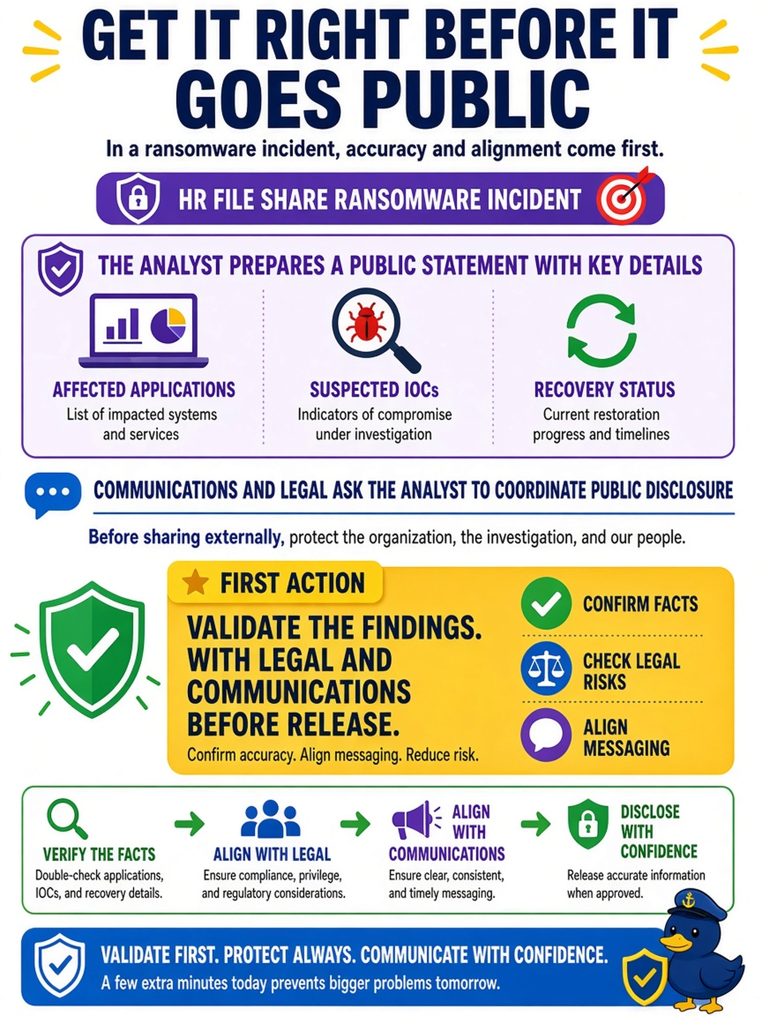 To Create an exciting colorful infographic that explains the concepts in the question: Question: An enterprise SOC confirms a ransomware incident affecting an HR file share. The analyst prepares a public statement listing affected applications, suspected IOCs, and recovery status. Communications and legal ask the analyst to coordinate public disclosure. What should the analyst do first? Correct Answer: Validate the findings with legal and communications before release. Put EVERY visible label in double quotes. No people. No A/B/C/D letters. In one of the four corners put a little "Navy Duck".