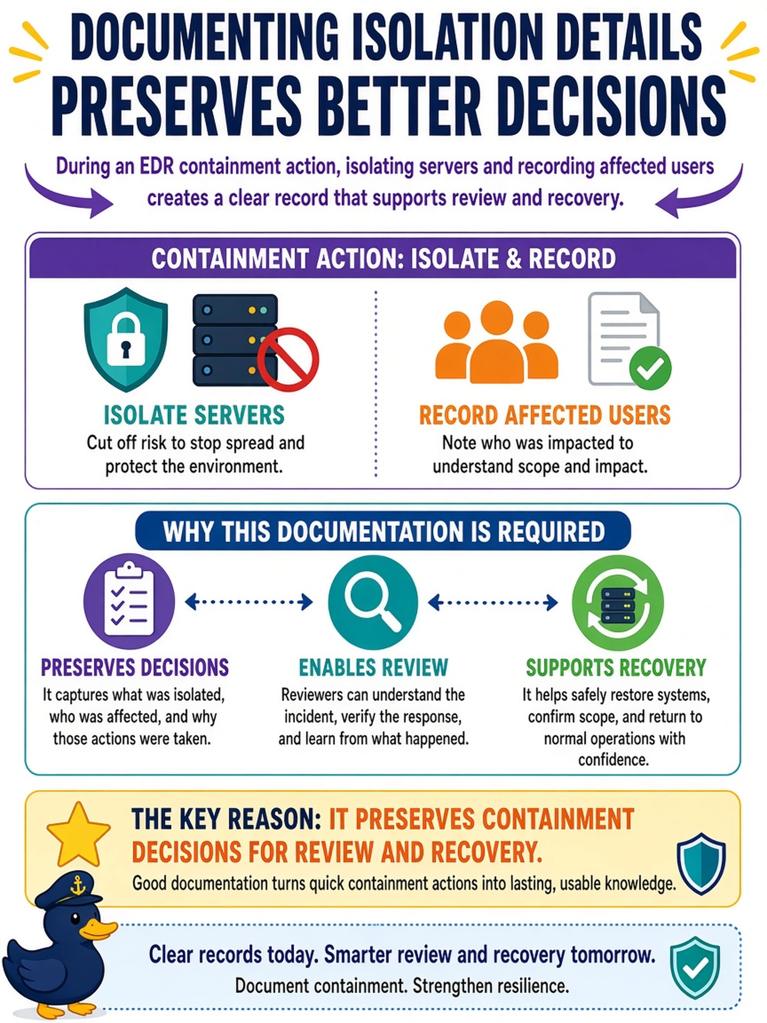 To Create an exciting colorful infographic that explains the concepts in the question: Question: During an EDR containment action, an analyst isolates several servers and records the affected users. After the incident is closed, a manager asks why the report must include those isolation details. Which reason best explains why this documentation is required? Correct Answer: It preserves containment decisions for review and recovery. Put EVERY visible label in double quotes. No people. No A/B/C/D letters. In one of the four corners put a little "Navy Duck".