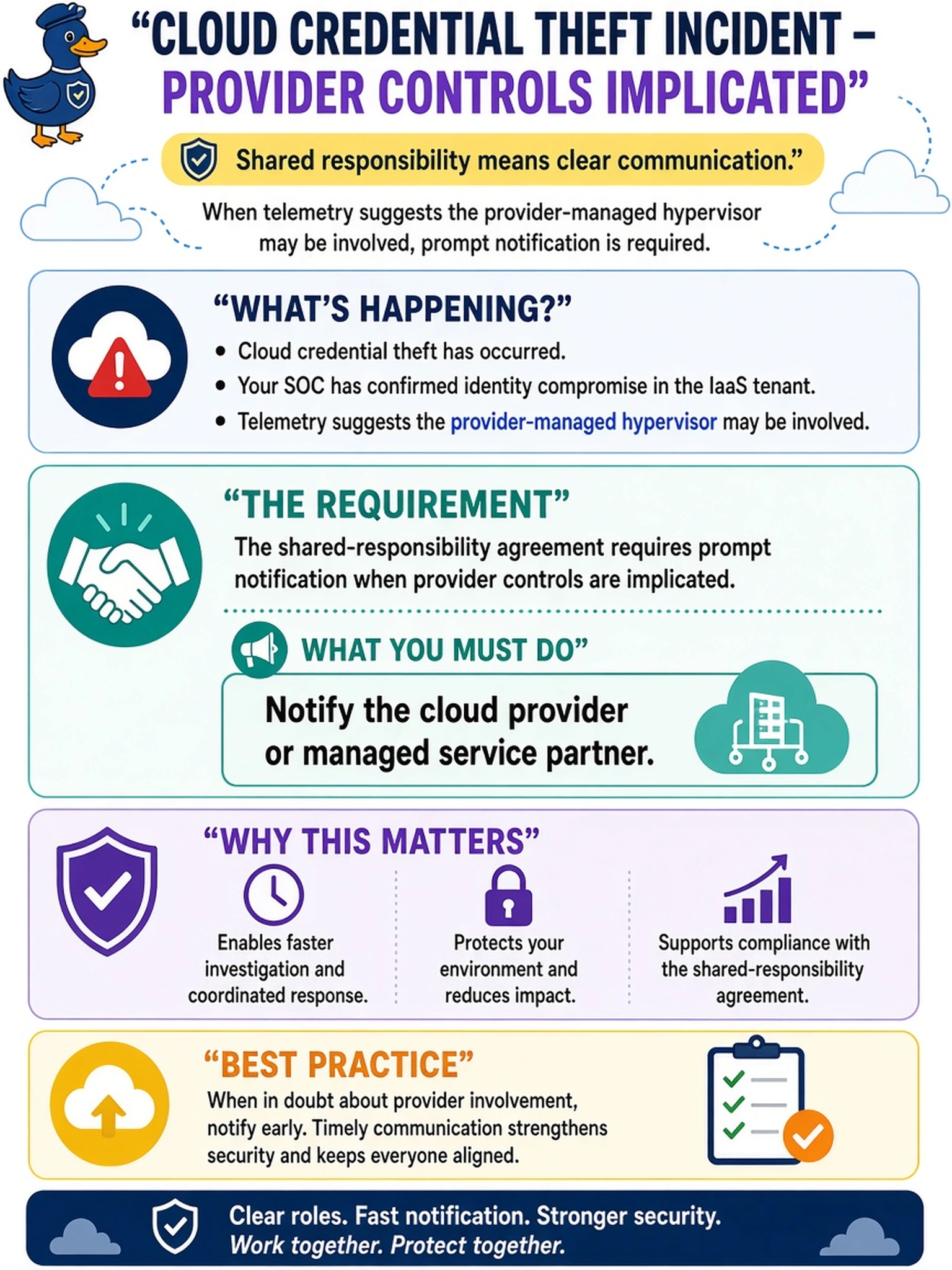To Create an exciting colorful infographic that explains the concepts in the question: Question: During a cloud credential theft incident, your SOC confirms an identity compromise in an IaaS tenant and sees telemetry suggesting the provider-managed hypervisor may be involved. The shared-responsibility agreement requires prompt notification when provider controls are implicated. Which incident communication requirement applies? Correct Answer: Notify the cloud provider or managed service partner. Put EVERY visible label in double quotes. No people. No A/B/C/D letters. In one of the four corners put a little "Navy Duck".