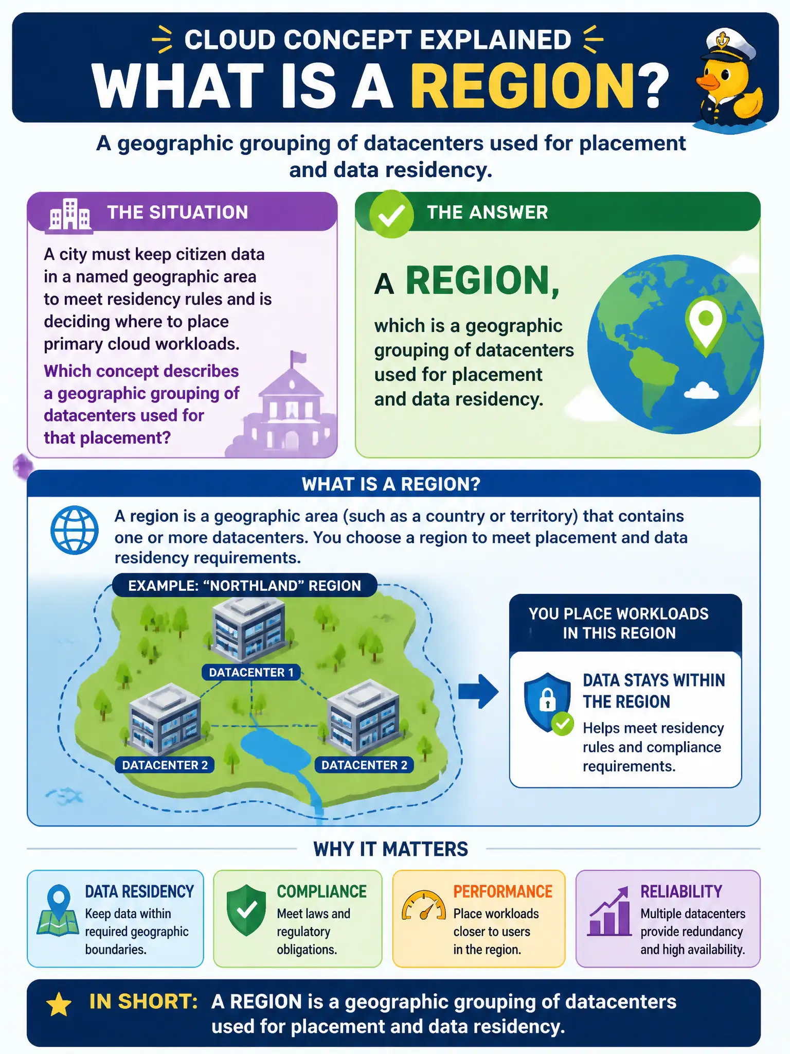 To Create an exciting colorful infographic that explains the concepts in the question: Question: A city must keep citizen data in a named geographic area to meet residency rules and is deciding where to place primary cloud workloads. Which concept describes a geographic grouping of datacenters used for that placement? Correct Answer: A region, which is a geographic grouping of datacenters used for placement and data residency. Put EVERY visible label in double quotes. No people. No A/B/C/D letters. In one of the four corners put a little "Navy Duck".
